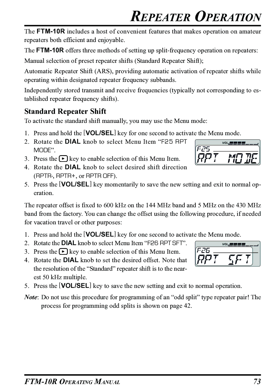 Vertex Standard FTM-10R manual Repeater Operation, Standard Repeater Shift 