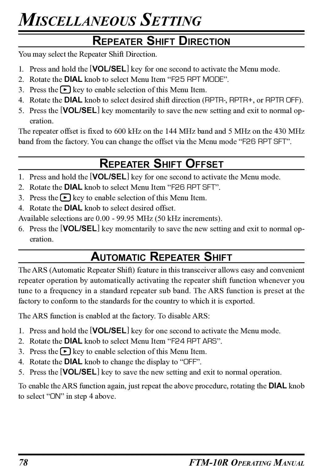 Vertex Standard FTM-10R manual Repeater Shift Direction, Repeater Shift Offset, Automatic Repeater Shift 
