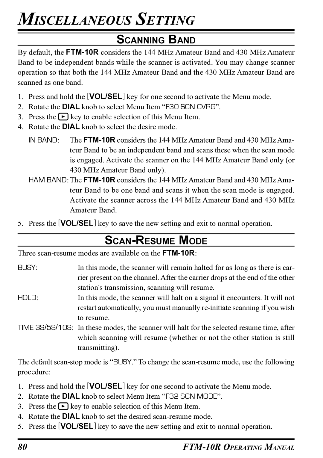 Vertex Standard FTM-10R manual Scanning Band, SCAN-RESUME Mode 