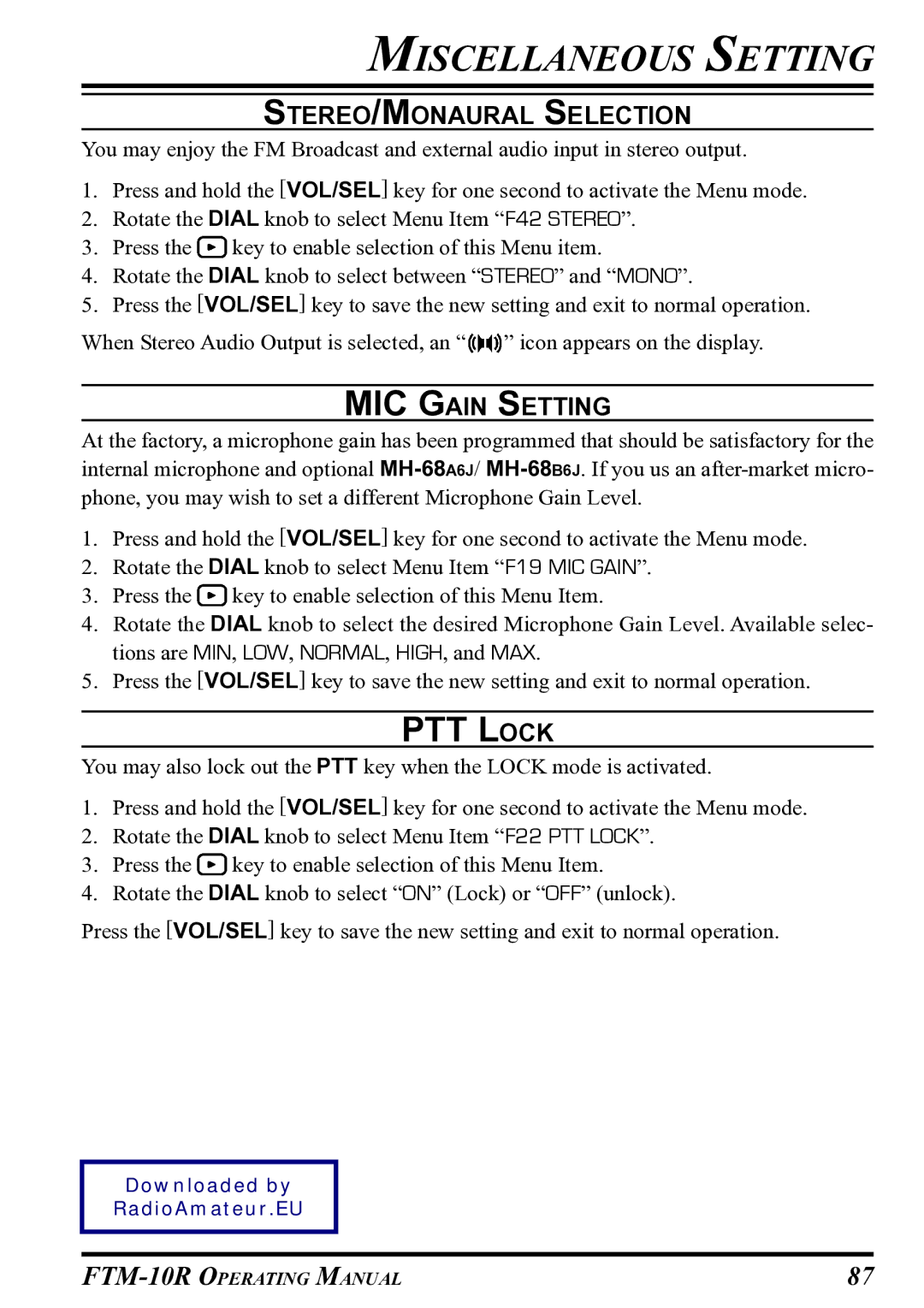 Vertex Standard FTM-10R manual STEREO/MONAURAL Selection, MIC Gain Setting 