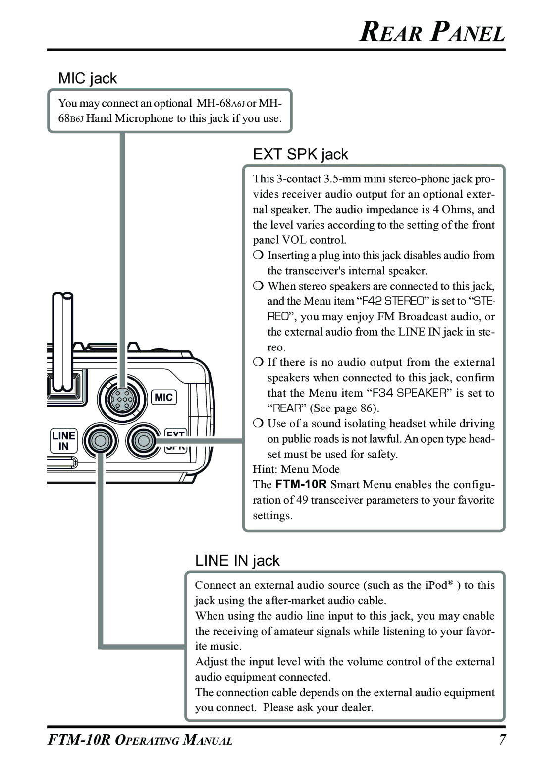 Vertex Standard FTM-10R manual Rear Panel, EXT SPK jack 