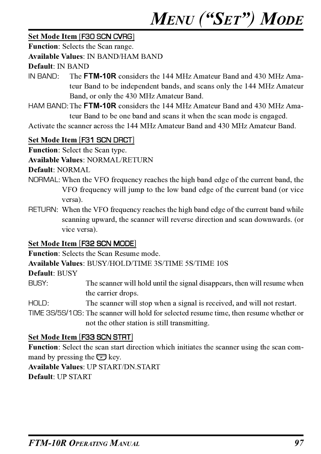 Vertex Standard FTM-10R manual Set Mode Item F32 SCN Mode, Default Busy, Set Mode Item F33 SCN Strt 