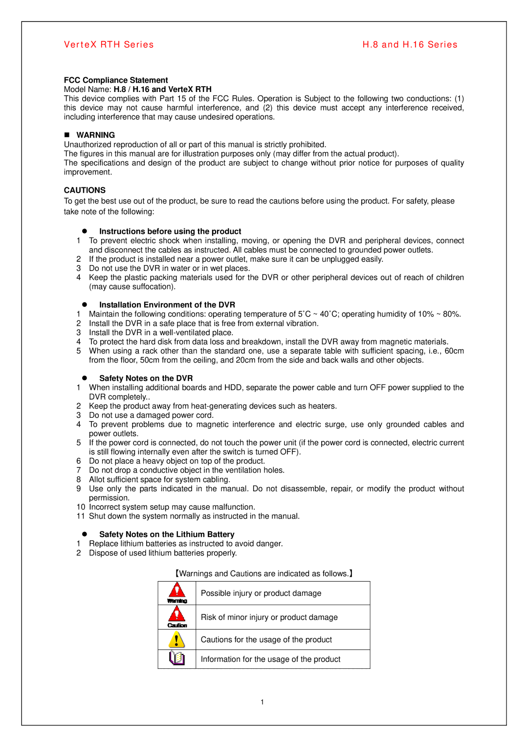 Vertex Standard H.8, H.16 manual „ Warning, Instructions before using the product, Installation Environment of the DVR 