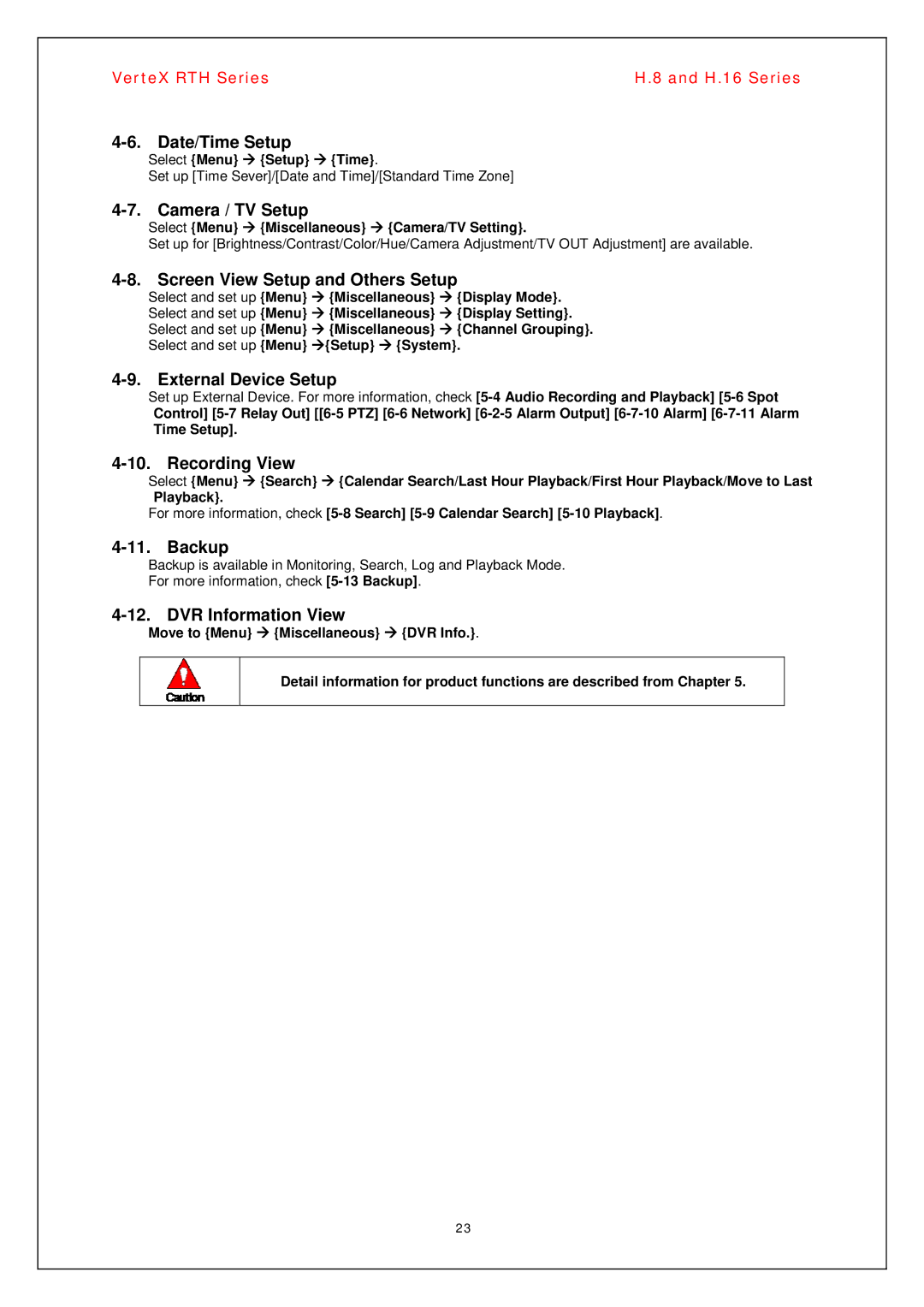 Vertex Standard H.8 Date/Time Setup, Camera / TV Setup, Screen View Setup and Others Setup, External Device Setup, Backup 