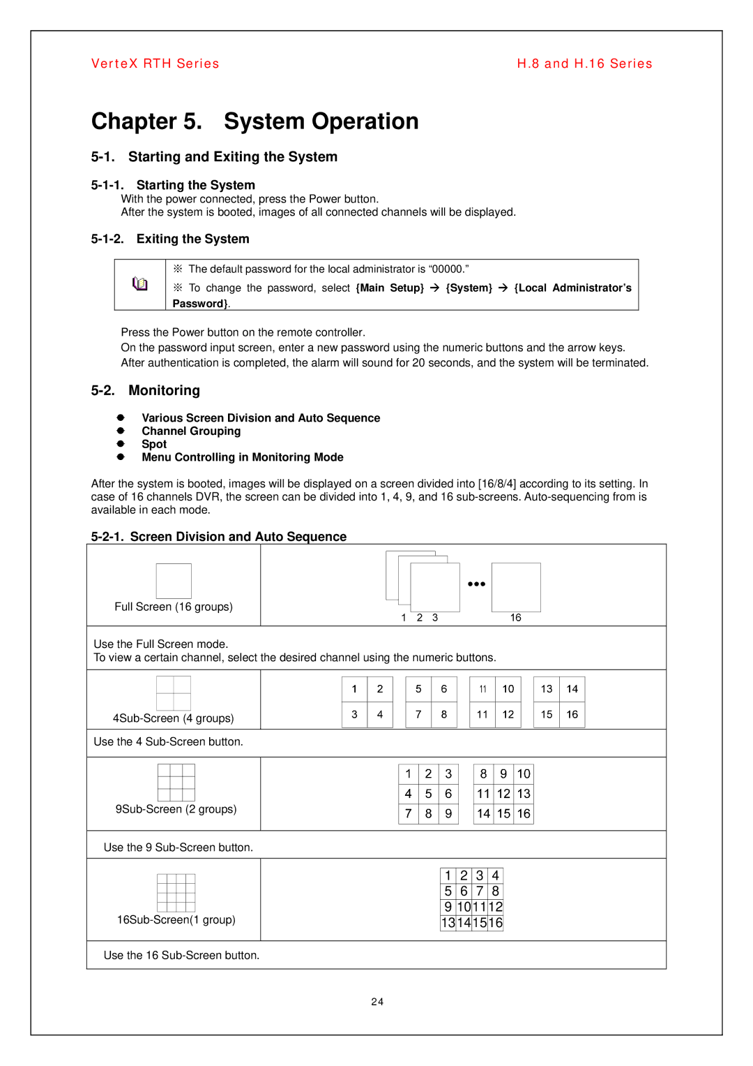 Vertex Standard H.16 Starting and Exiting the System, Monitoring, Starting the System, Screen Division and Auto Sequence 