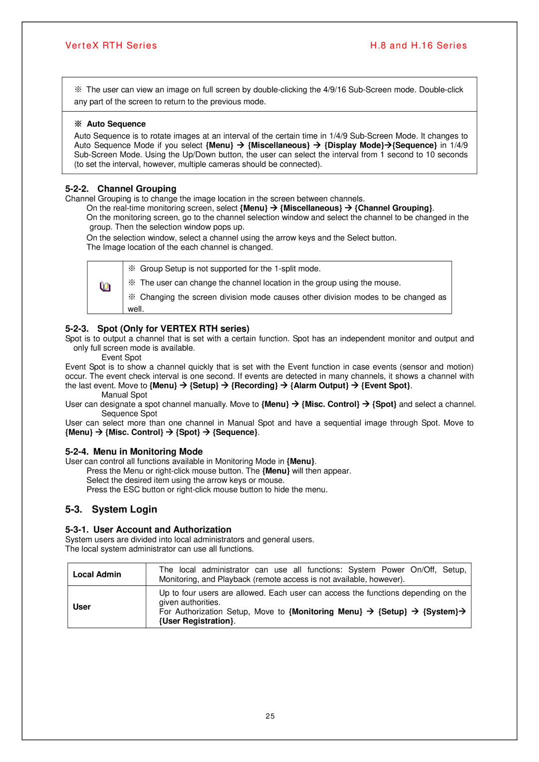 Vertex Standard H.8, H.16 manual System Login, Channel Grouping, Spot Only for Vertex RTH series, Menu in Monitoring Mode 