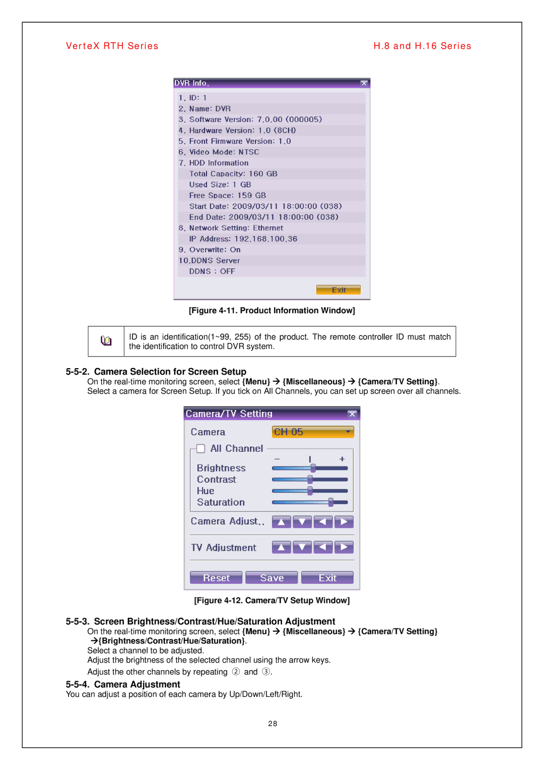 Vertex Standard H.16, H.8 manual Camera Selection for Screen Setup, Screen Brightness/Contrast/Hue/Saturation Adjustment 