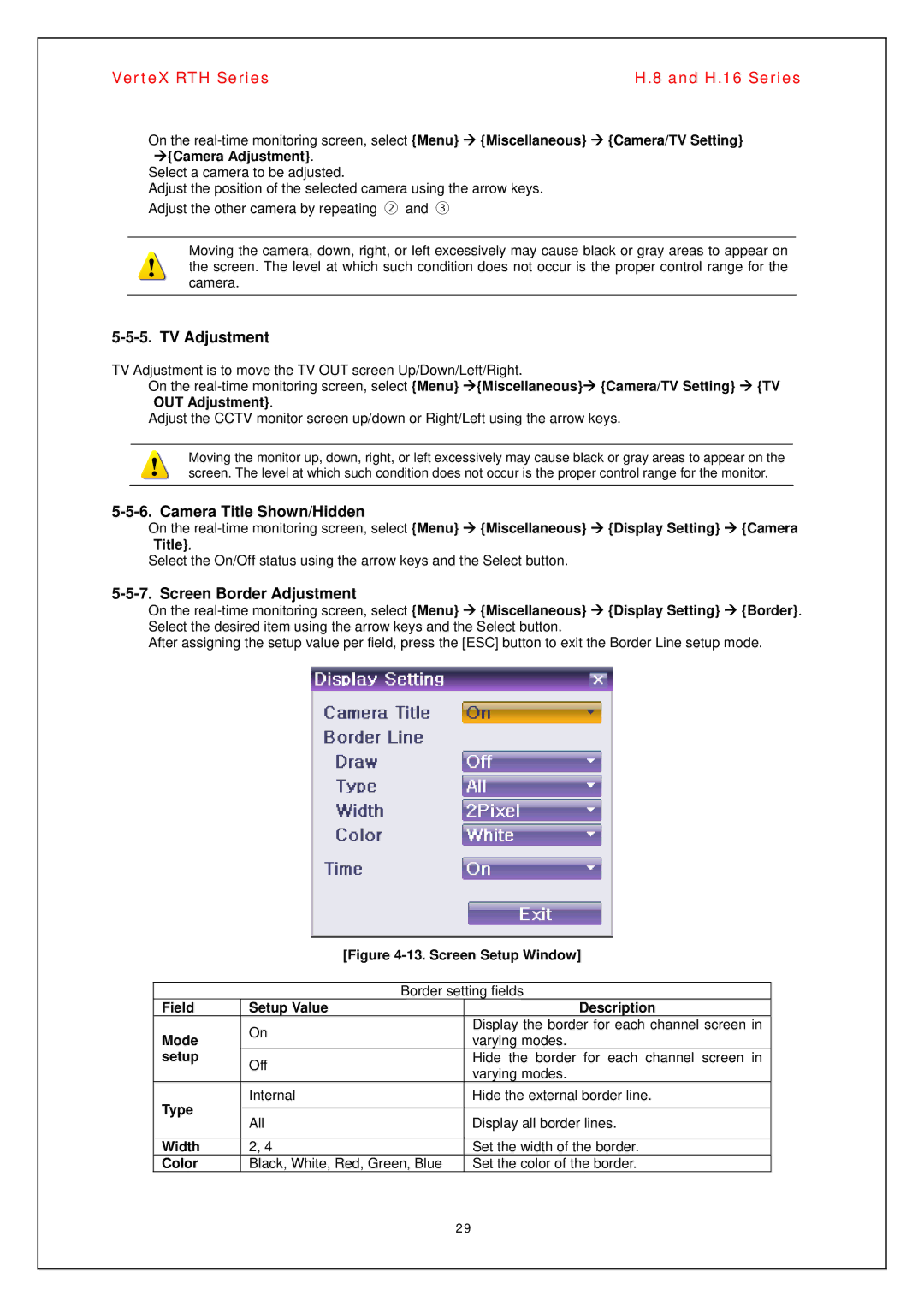 Vertex Standard H.8, H.16 manual TV Adjustment, Camera Title Shown/Hidden, Screen Border Adjustment 