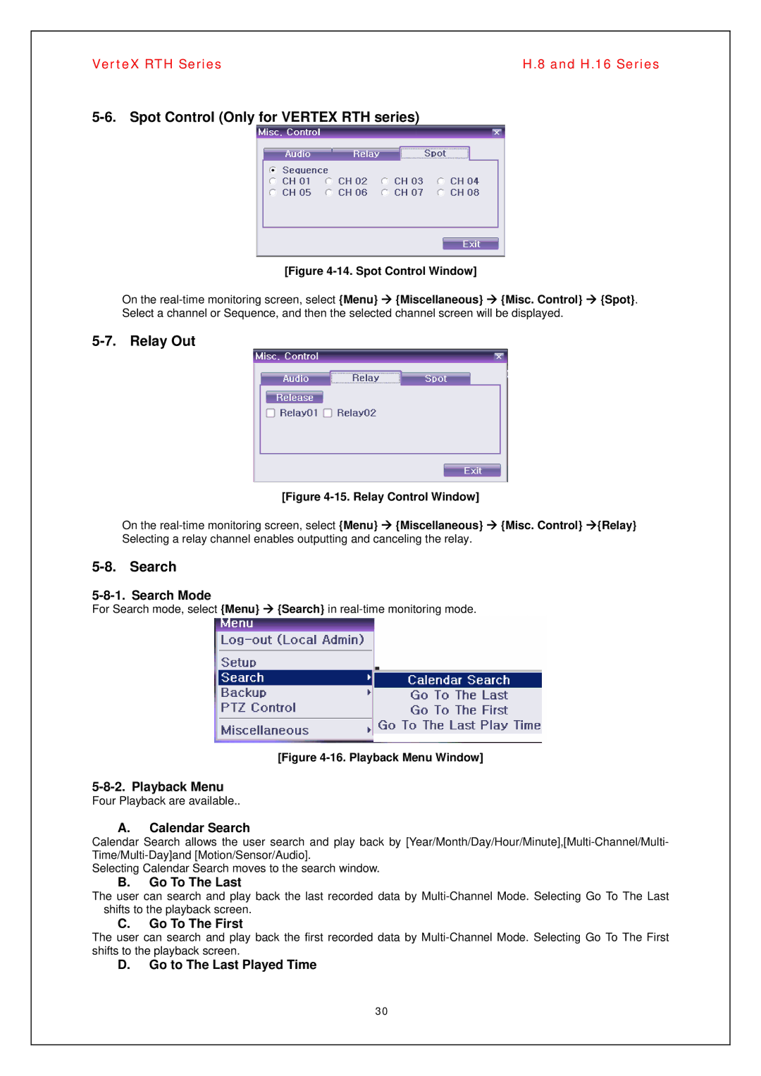 Vertex Standard H.16, H.8 manual Spot Control Only for Vertex RTH series, Relay Out, Search 