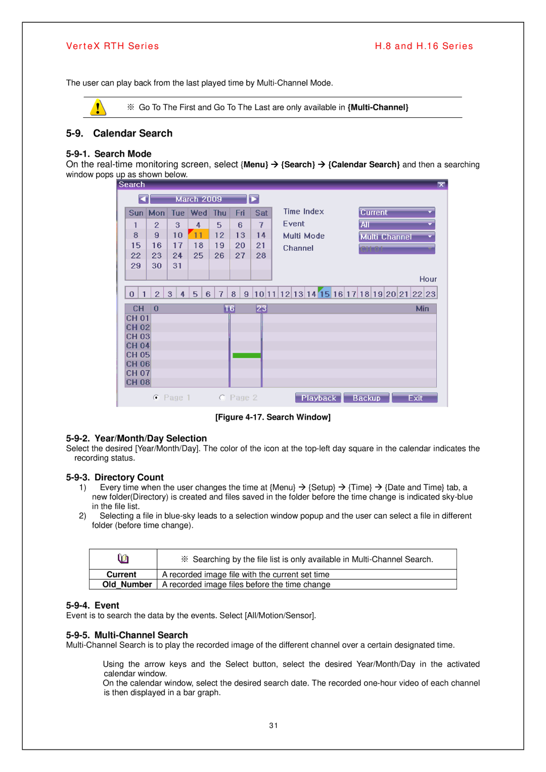 Vertex Standard H.8, H.16 manual Calendar Search, Year/Month/Day Selection, Directory Count, Event, Multi-Channel Search 