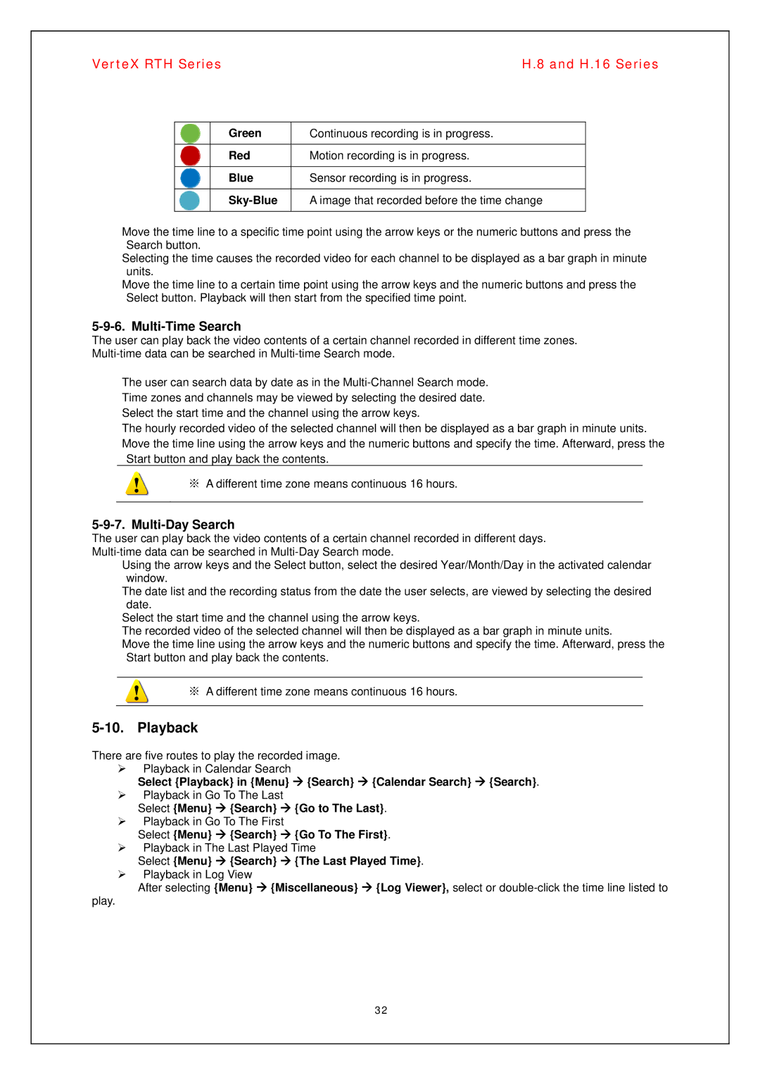 Vertex Standard H.16, H.8 manual Playback, Multi-Time Search, Multi-Day Search 