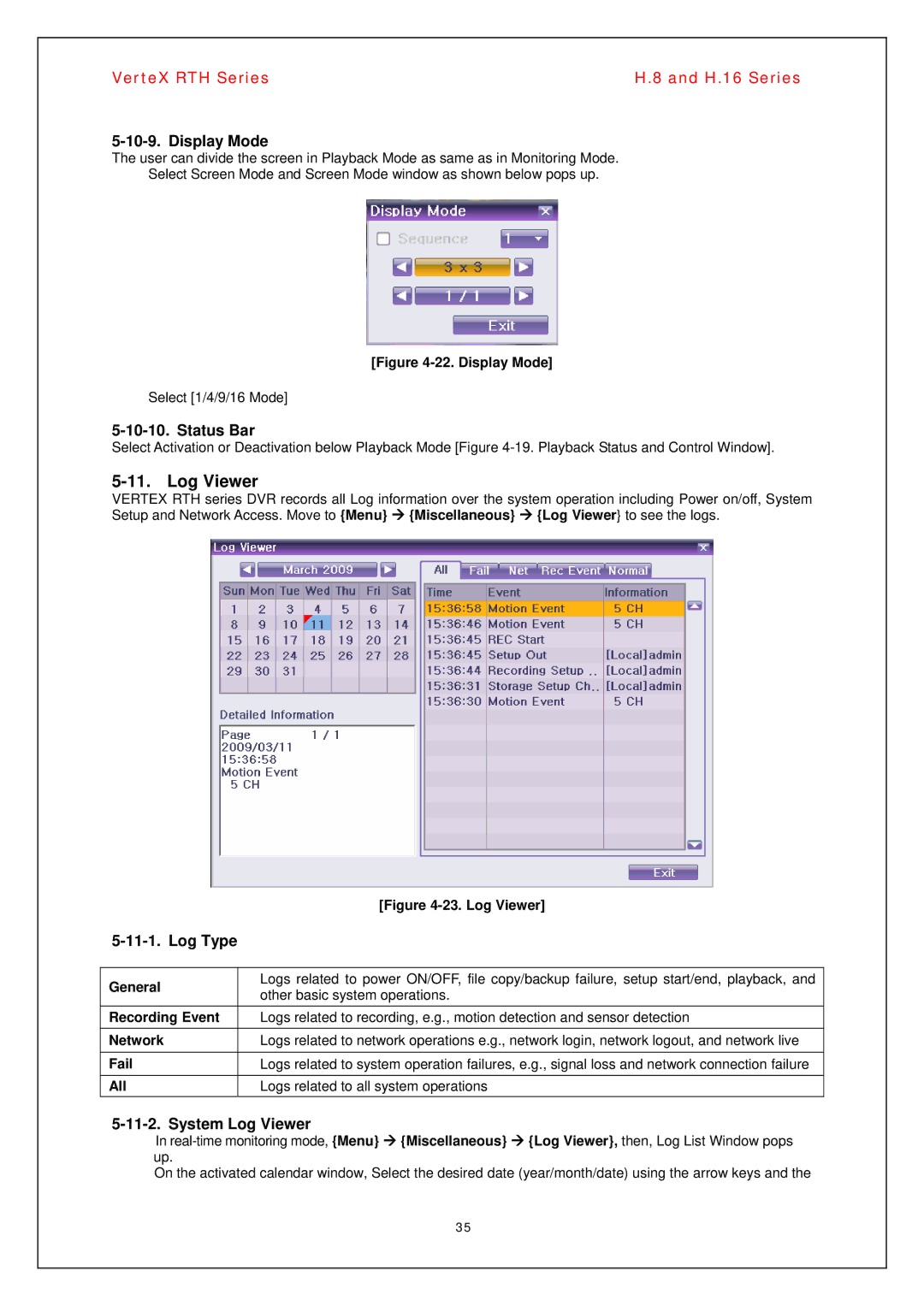 Vertex Standard H.8, H.16 manual Display Mode, Status Bar, Log Type, System Log Viewer 