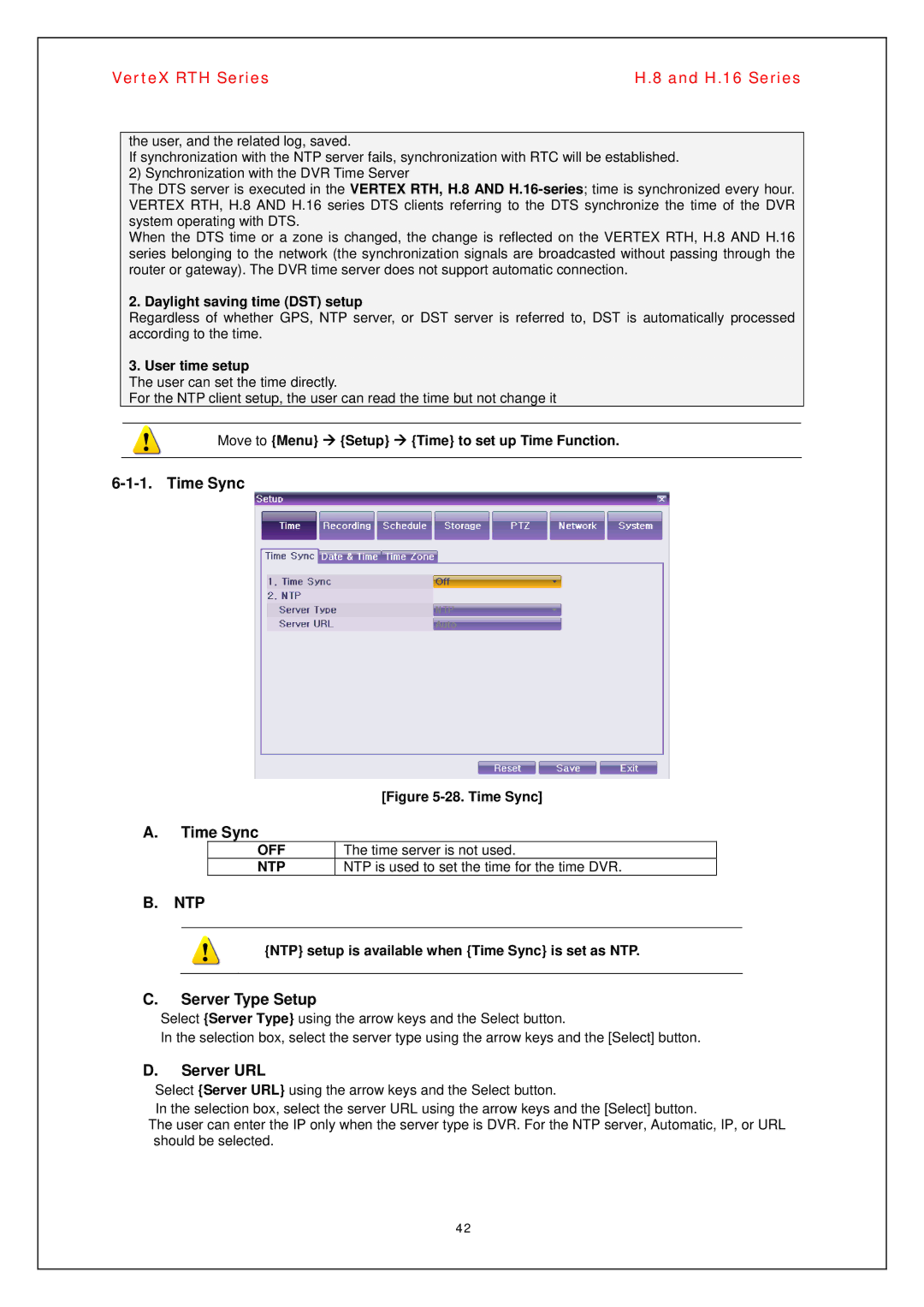 Vertex Standard H.16, H.8 manual Time Sync, Server Type Setup, Server URL, Off, Ntp 