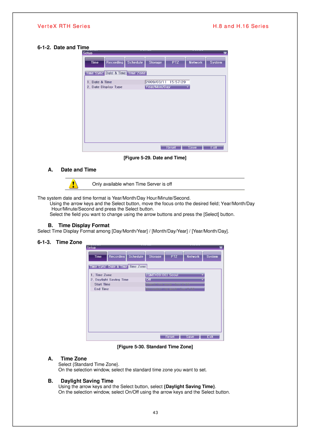 Vertex Standard H.8, H.16 manual Date and Time, Time Display Format, Time Zone, Daylight Saving Time 