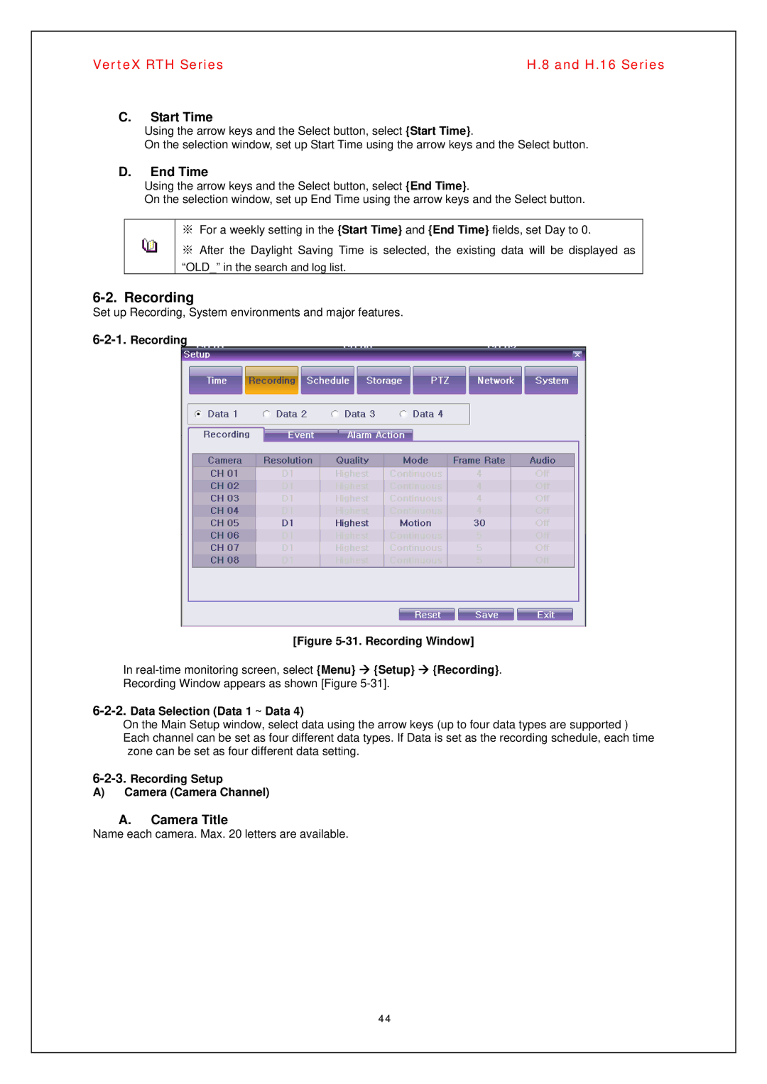 Vertex Standard H.16, H.8 manual Start Time, End Time, Camera Title 