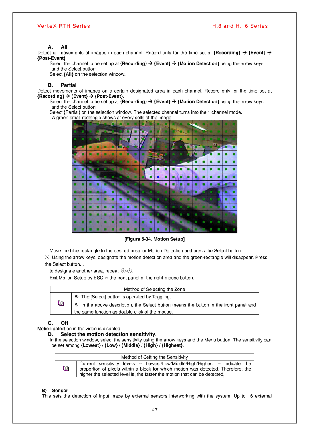 Vertex Standard H.8, H.16 manual All, Partial, Off, Select the motion detection sensitivity 