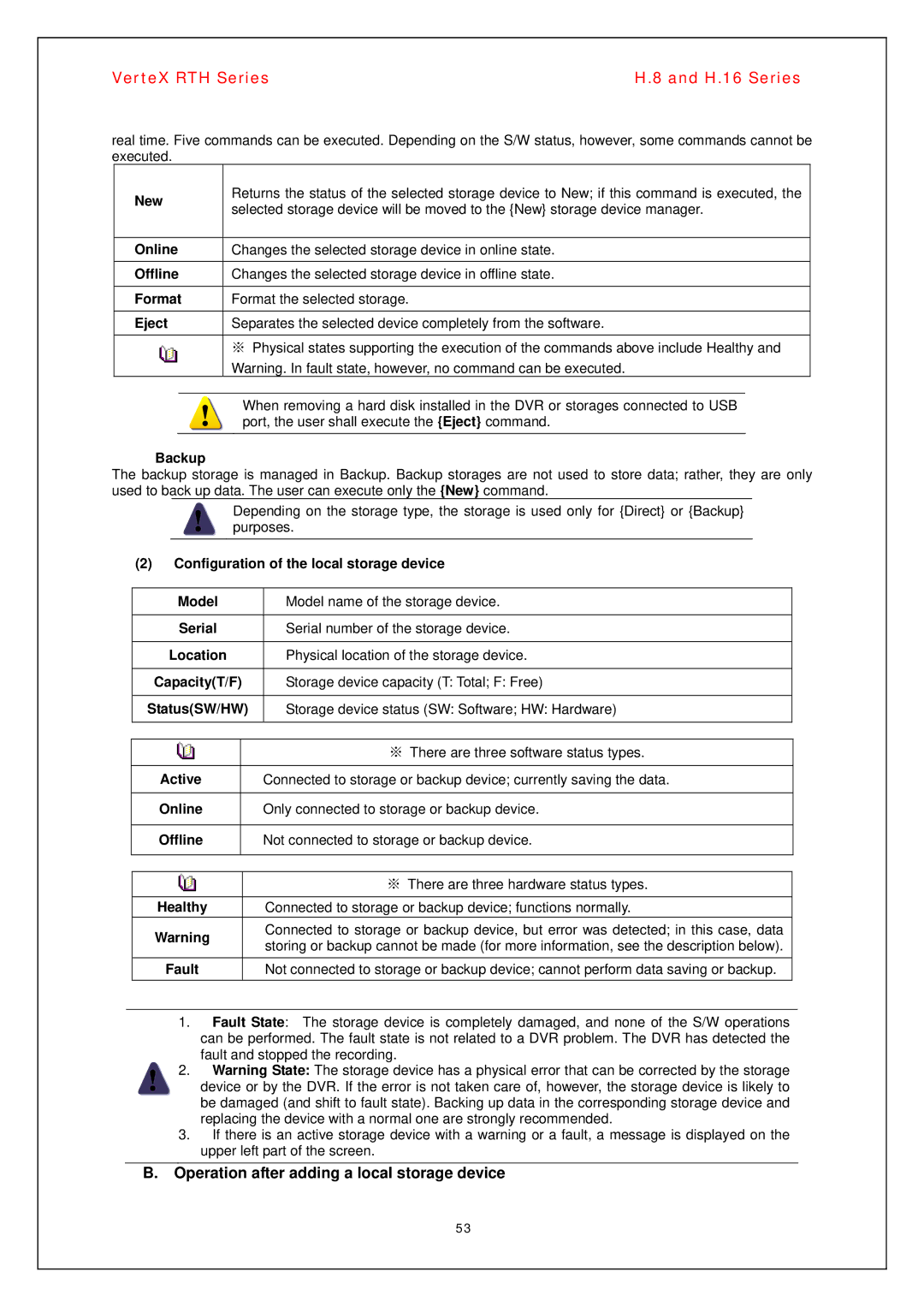 Vertex Standard H.8, H.16 manual Operation after adding a local storage device 