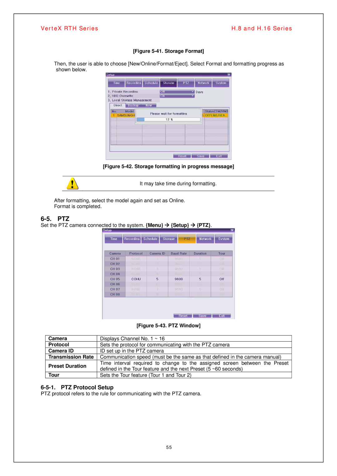 Vertex Standard H.8, H.16 manual Ptz, PTZ Protocol Setup 