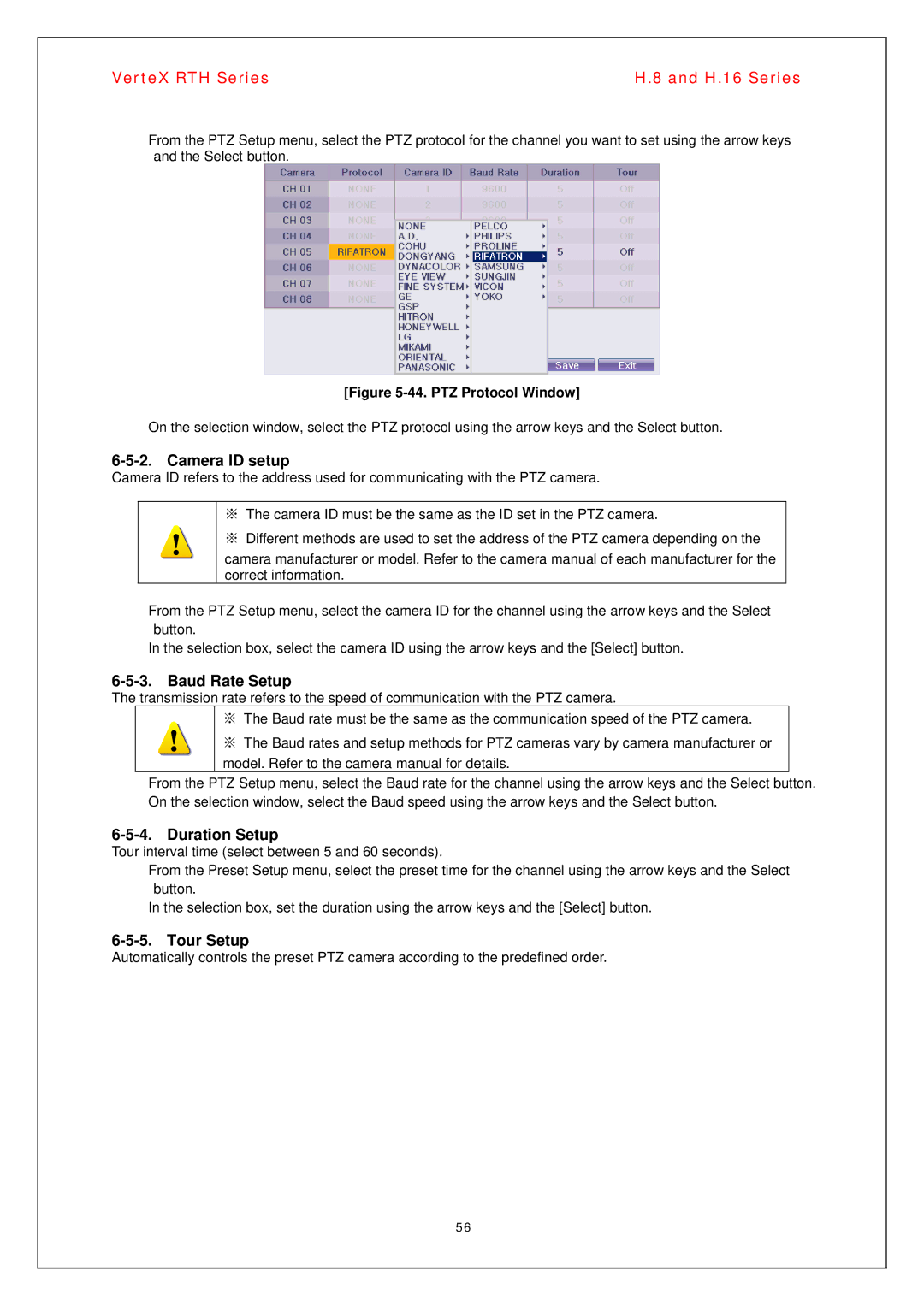 Vertex Standard H.16, H.8 manual Camera ID setup, Baud Rate Setup, Duration Setup, Tour Setup 