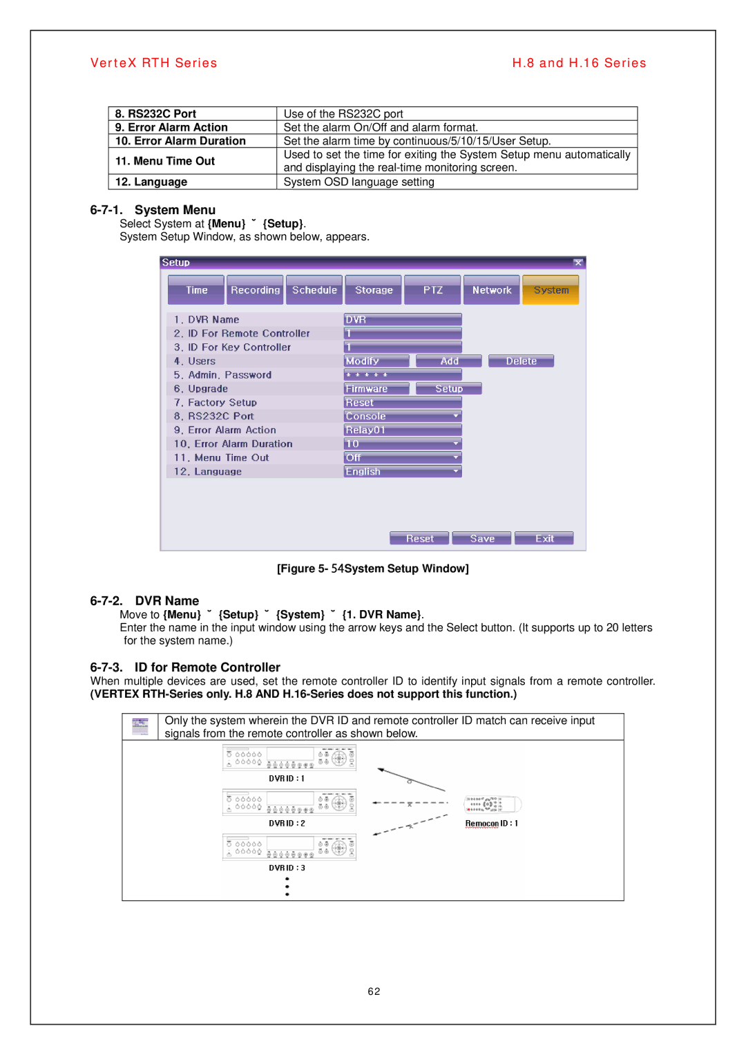 Vertex Standard H.16, H.8 manual System Menu, DVR Name, ID for Remote Controller 