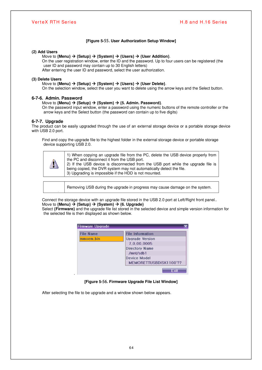 Vertex Standard H.16, H.8 manual Upgrade, Move to Menu Æ Setup Æ System Æ 5. Admin. Password 