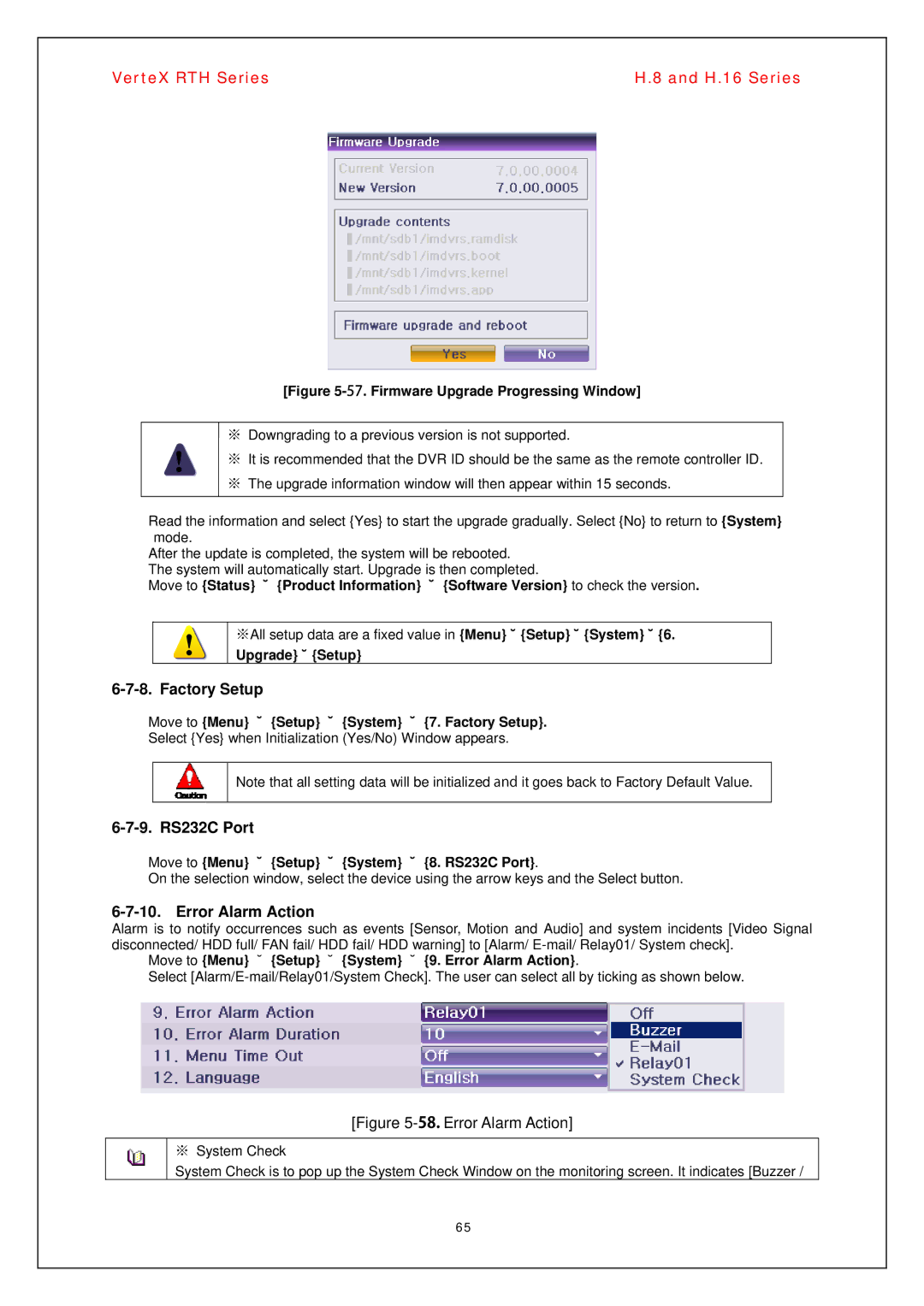 Vertex Standard H.8, H.16 manual Factory Setup, 9. RS232C Port, Error Alarm Action 