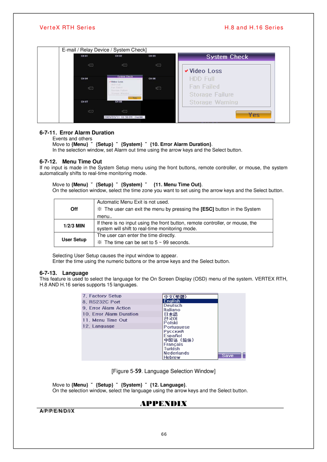 Vertex Standard H.16, H.8 manual Error Alarm Duration, Menu Time Out, Language 