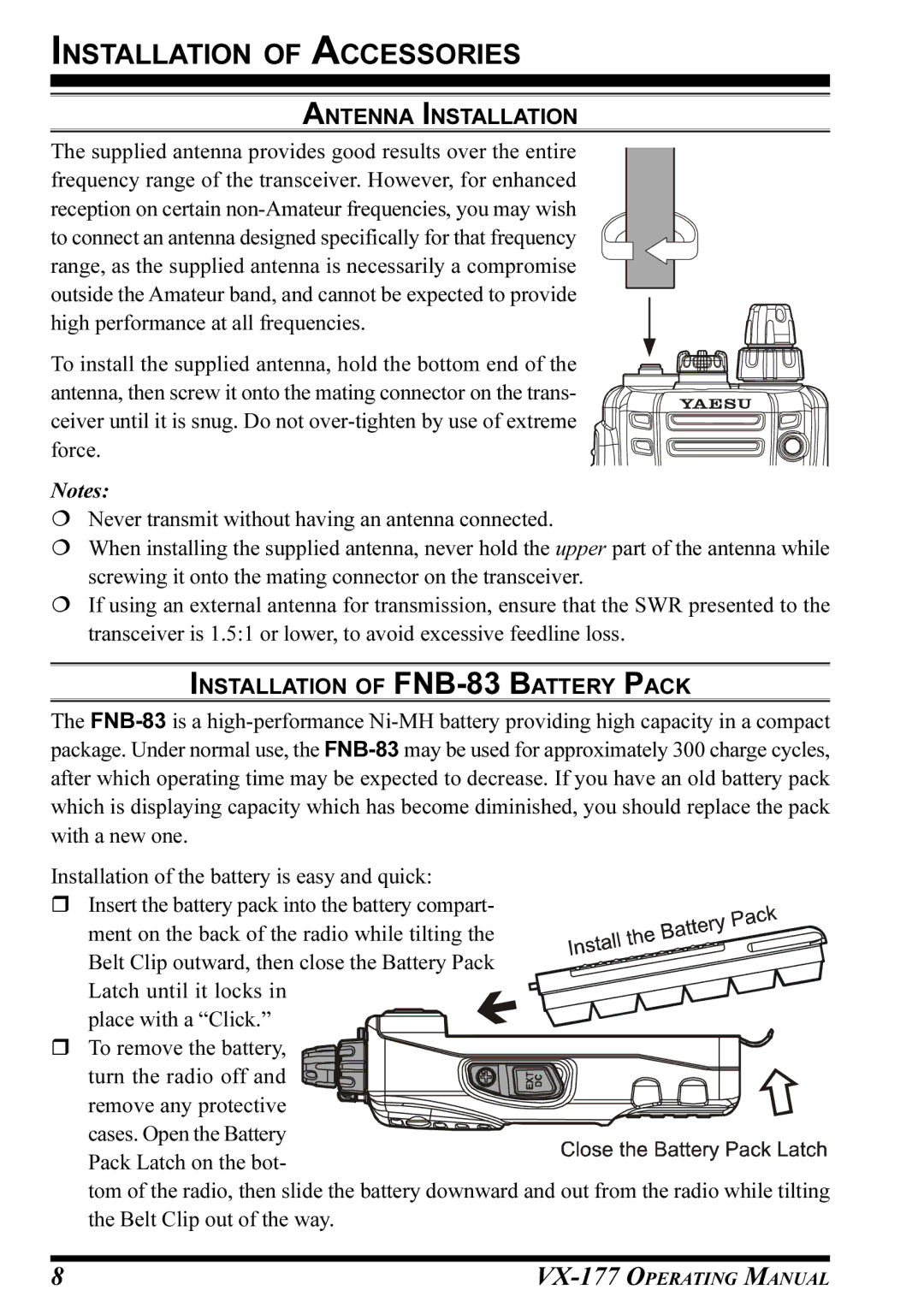 Vertex Standard VX-177 manual Installation of Accessories, Antenna Installation, Installation of FNB-83 Battery Pack 