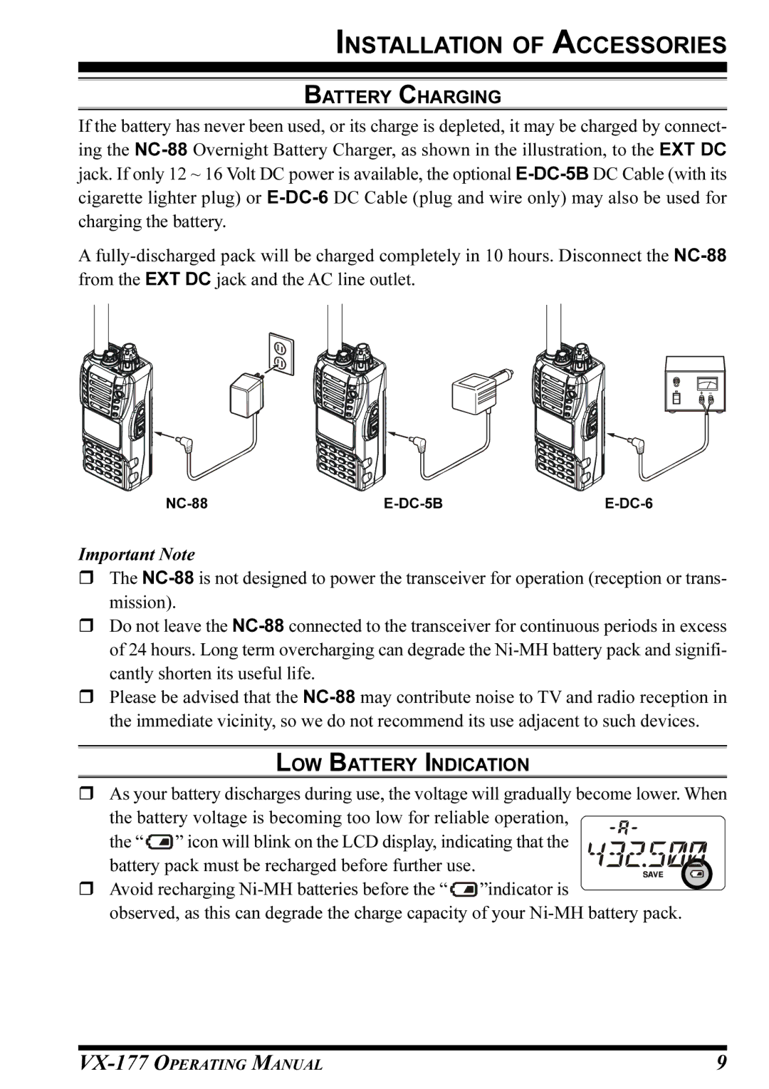 Vertex Standard VX-177 manual Battery Charging, LOW Battery Indication 