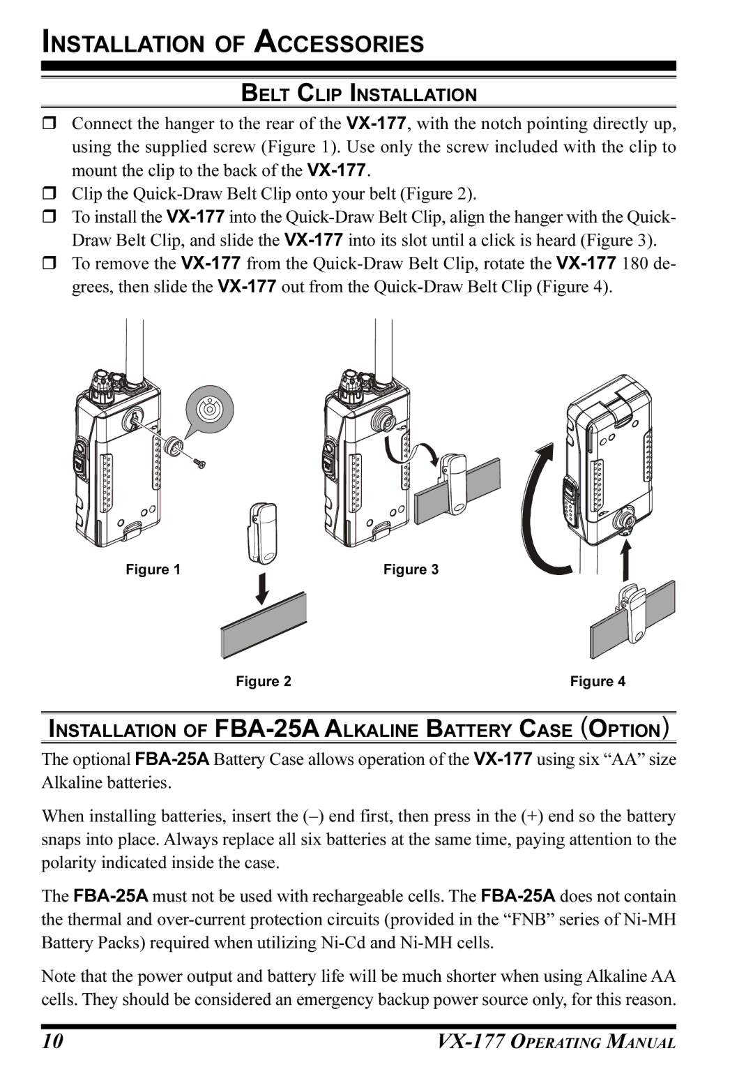 Vertex Standard VX-177 manual Belt Clip Installation, Installation of FBA-25A Alkaline Battery Case Option 