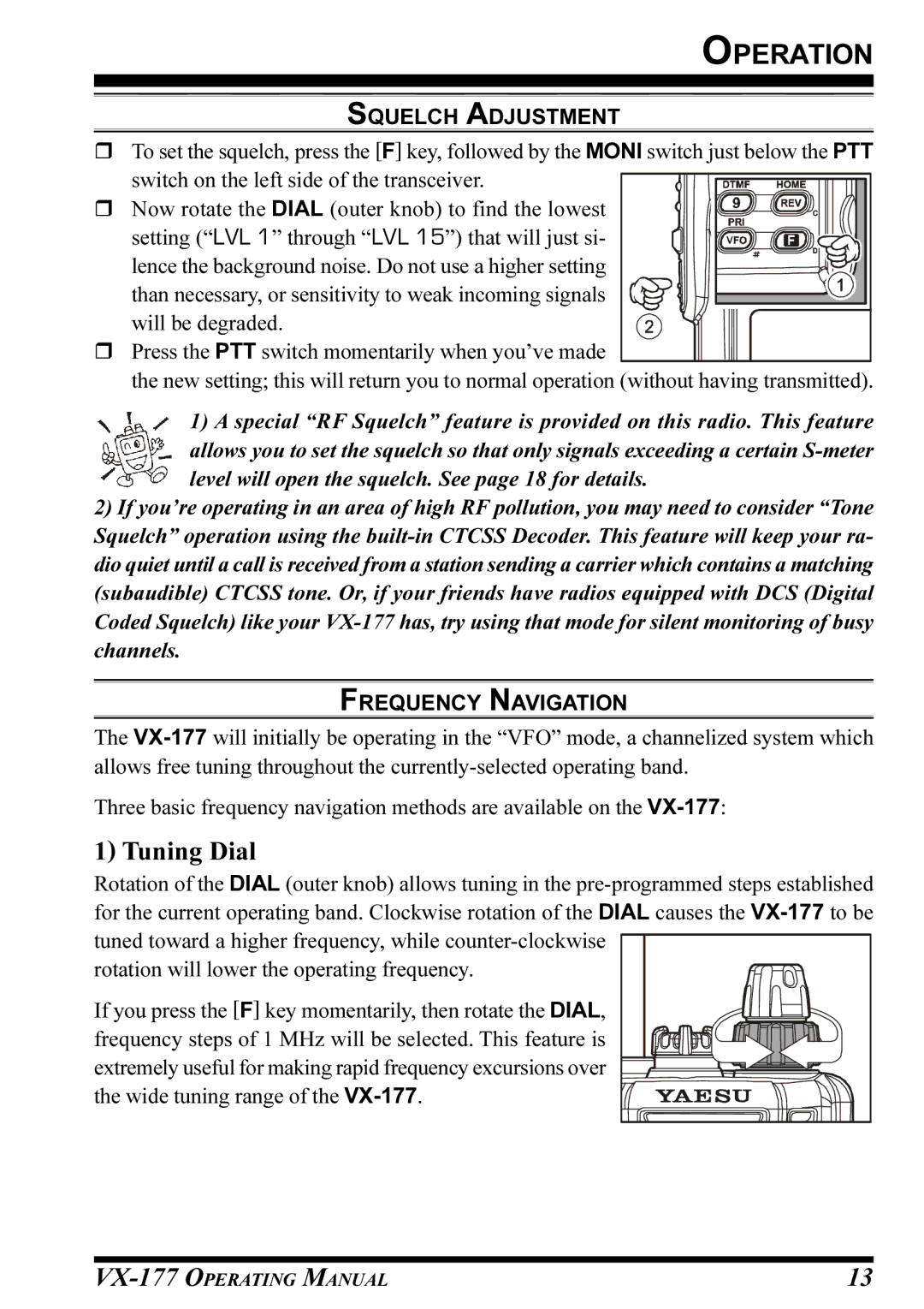 Vertex Standard VX-177 manual Tuning Dial, Squelch Adjustment, Frequency Navigation 