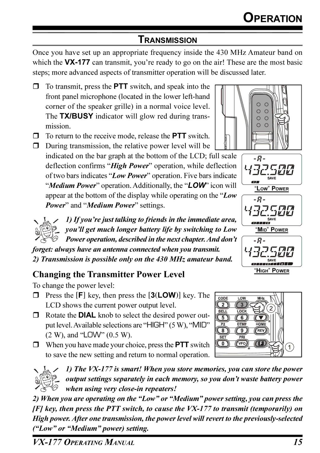 Vertex Standard VX-177 manual Changing the Transmitter Power Level, Transmission 