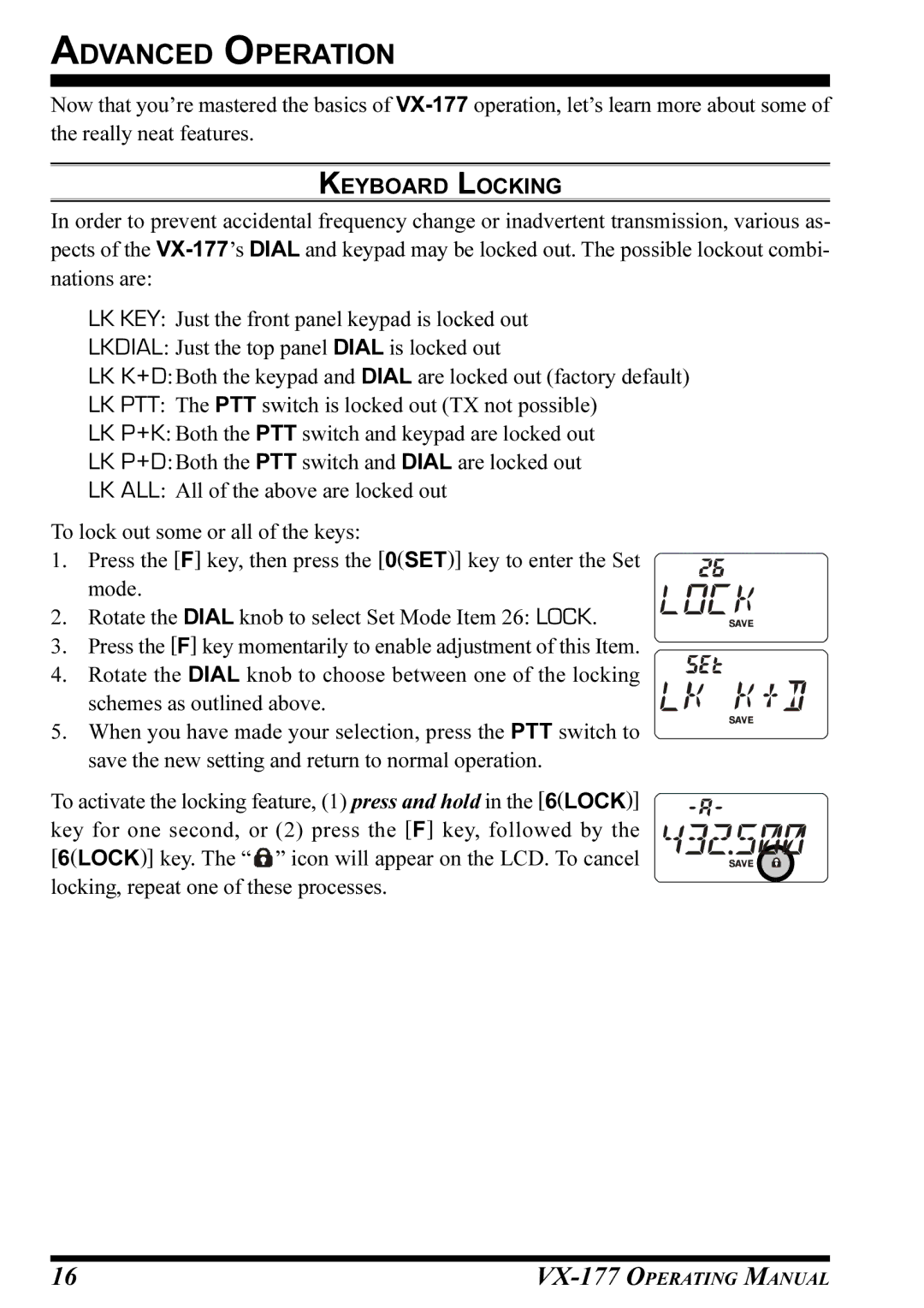 Vertex Standard VX-177 manual Advanced Operation, Keyboard Locking 