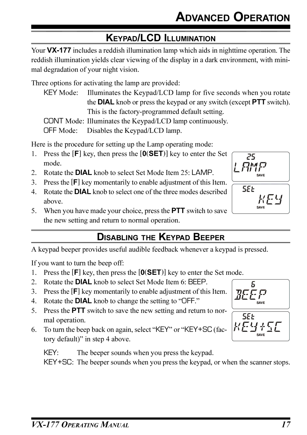 Vertex Standard VX-177 manual KEYPAD/LCD Illumination, Disabling the Keypad Beeper 
