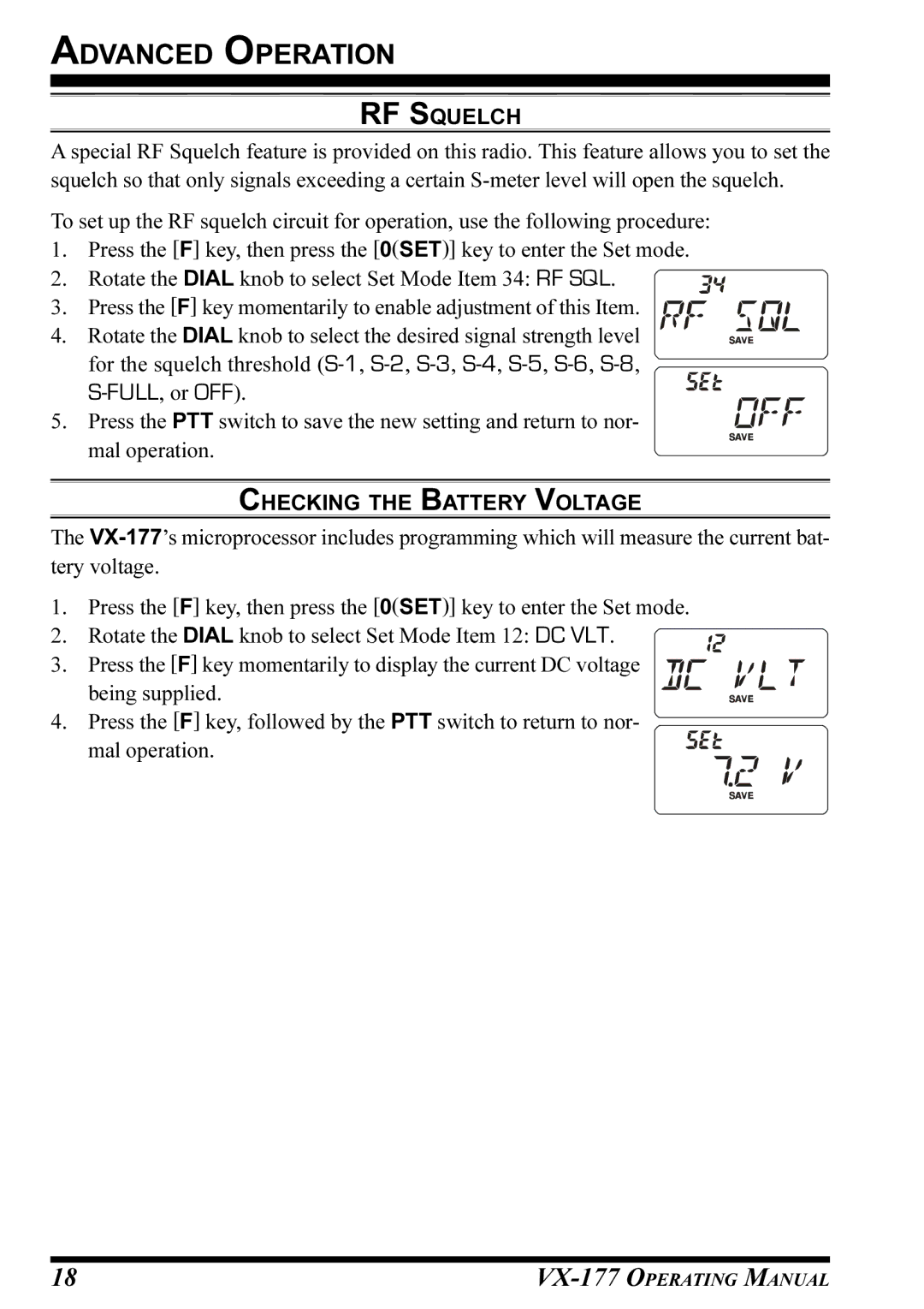 Vertex Standard VX-177 manual RF Squelch, Checking the Battery Voltage 