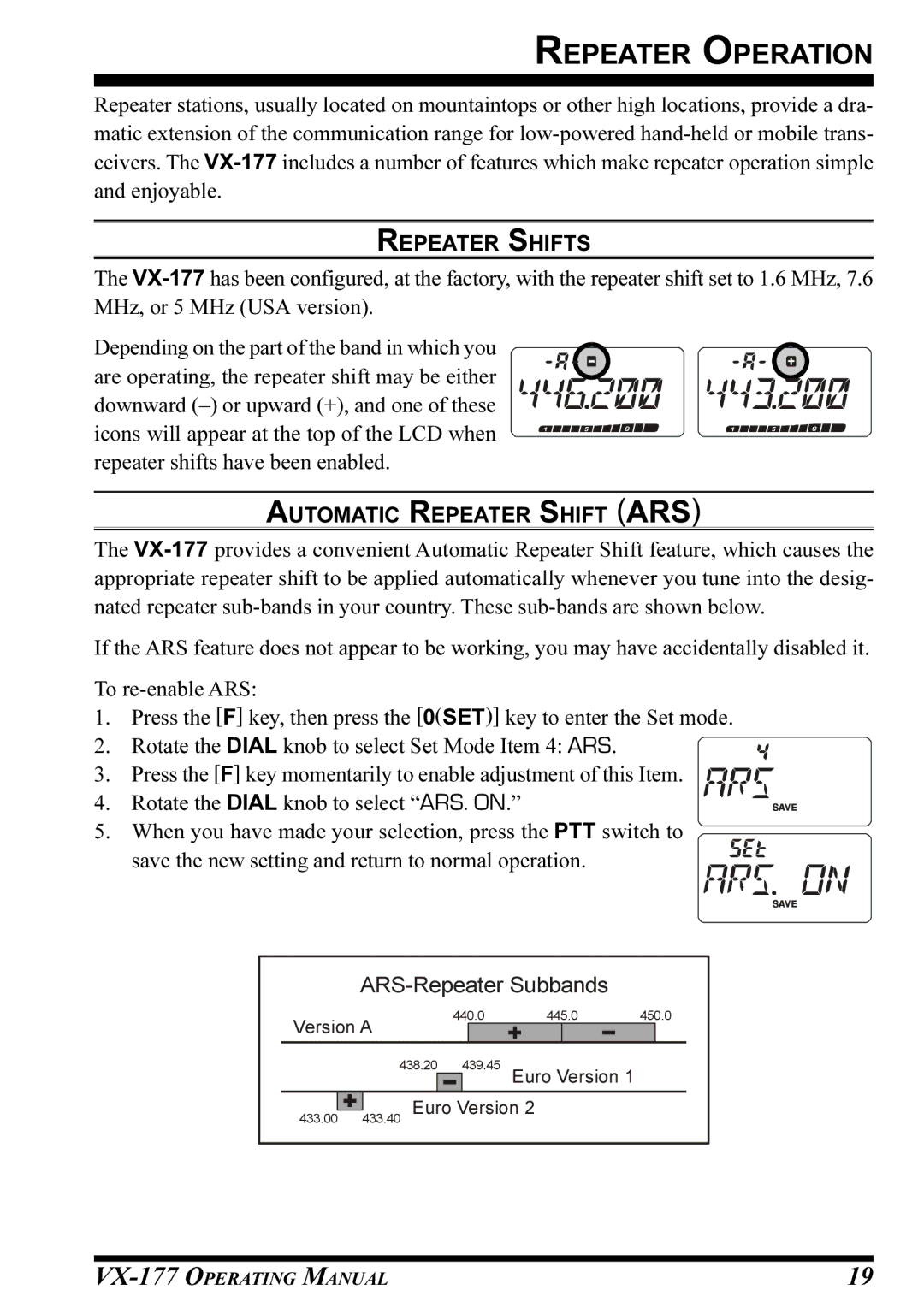 Vertex Standard VX-177 manual Repeater Operation, Repeater Shifts, Automatic Repeater Shift ARS 