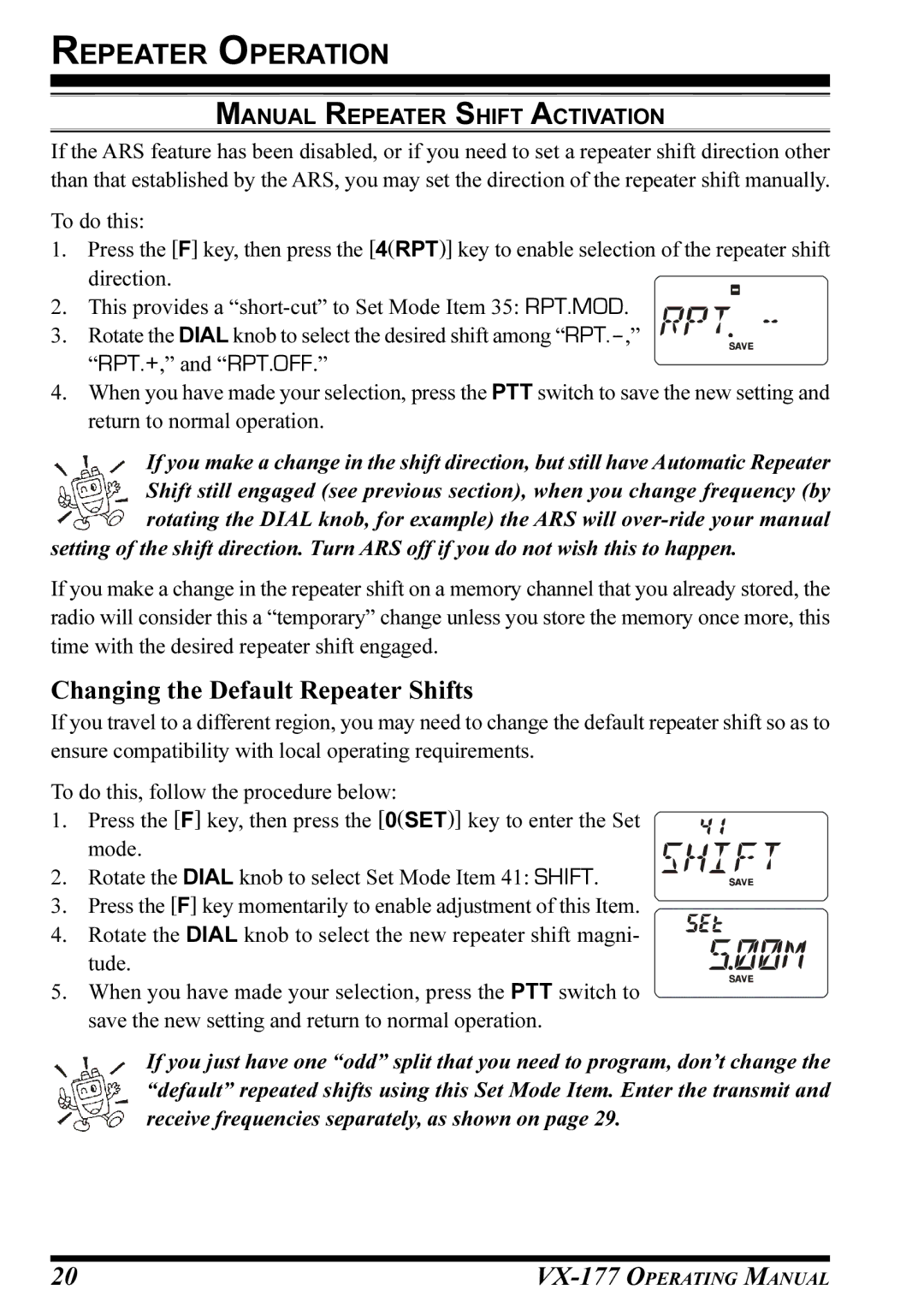 Vertex Standard VX-177 manual Changing the Default Repeater Shifts, Manual Repeater Shift Activation 