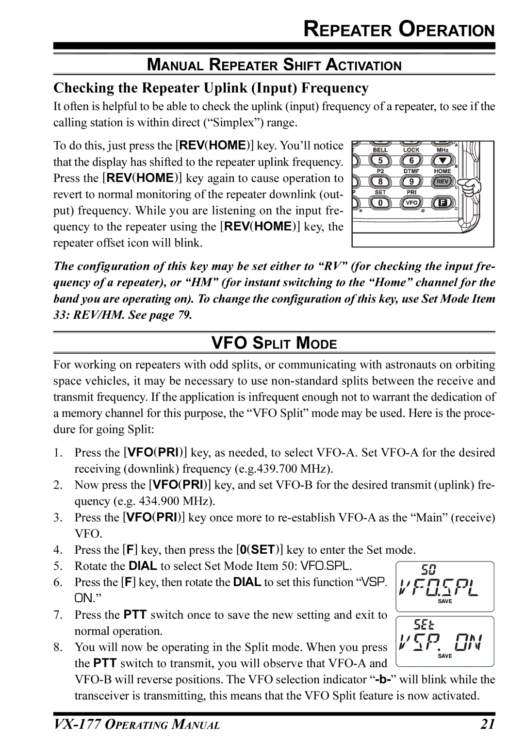 Vertex Standard VX-177 manual Checking the Repeater Uplink Input Frequency, VFO Split Mode 