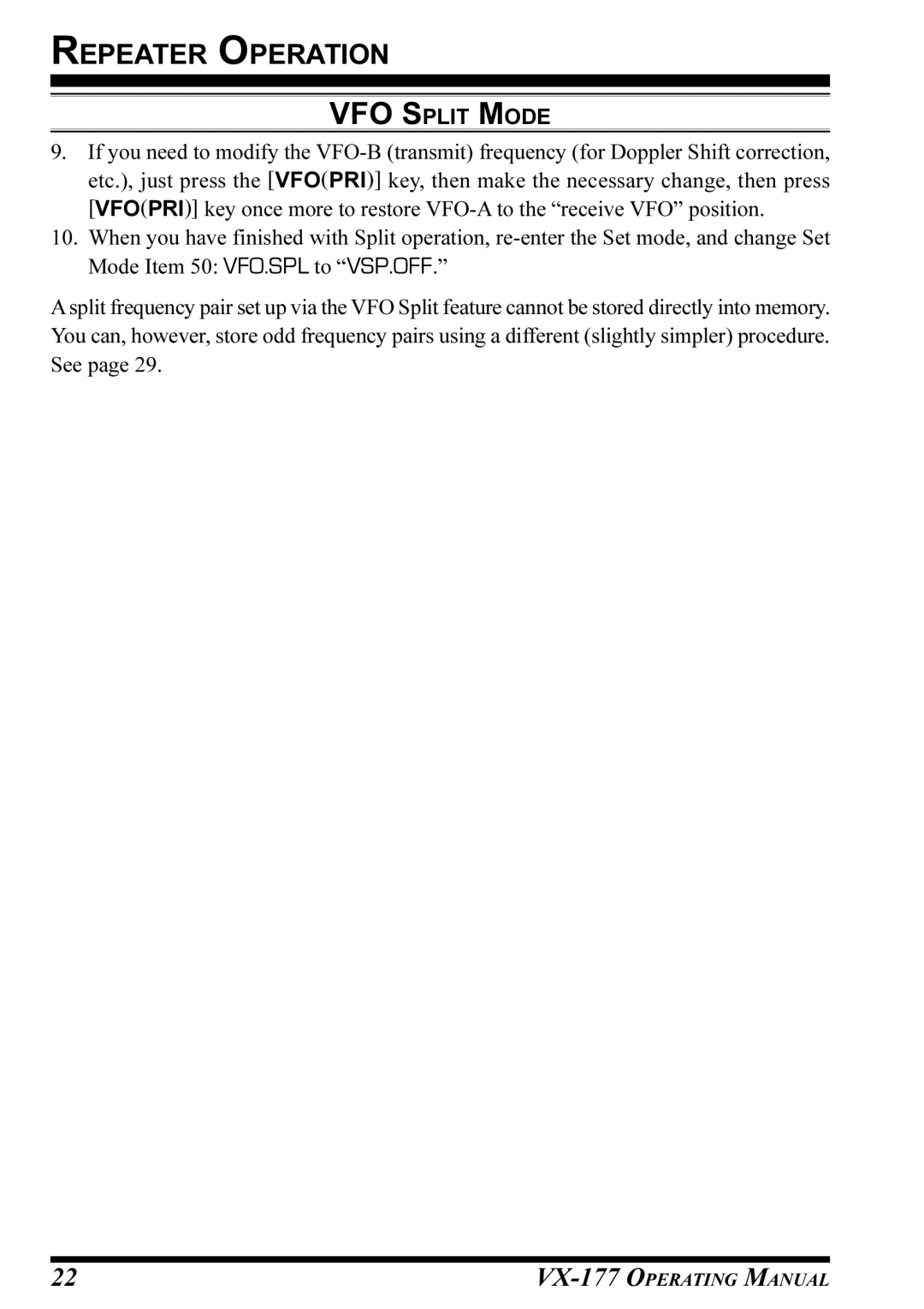 Vertex Standard VX-177 manual Repeater Operation 