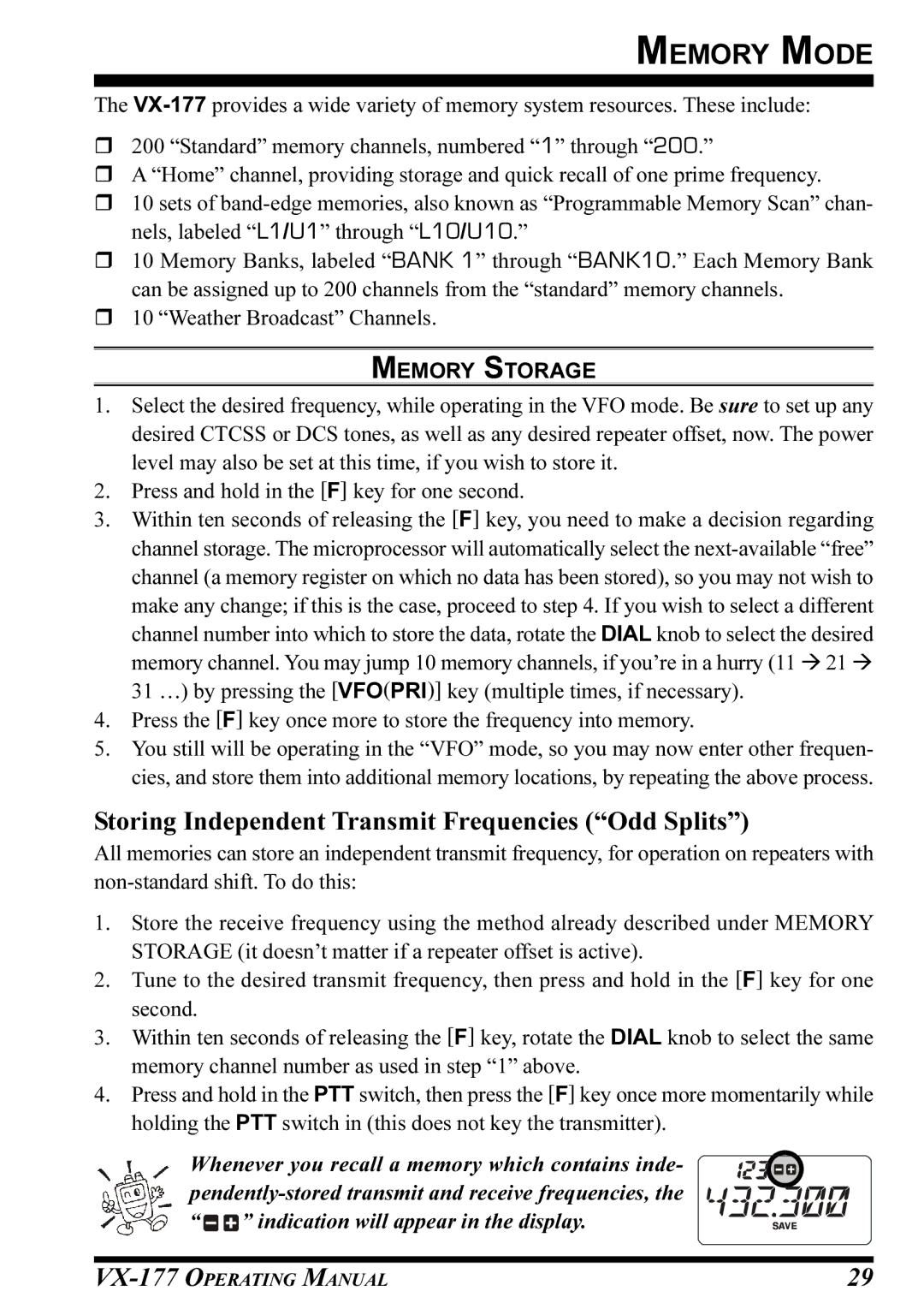 Vertex Standard VX-177 manual Memory Mode, Storing Independent Transmit Frequencies Odd Splits, Memory Storage 