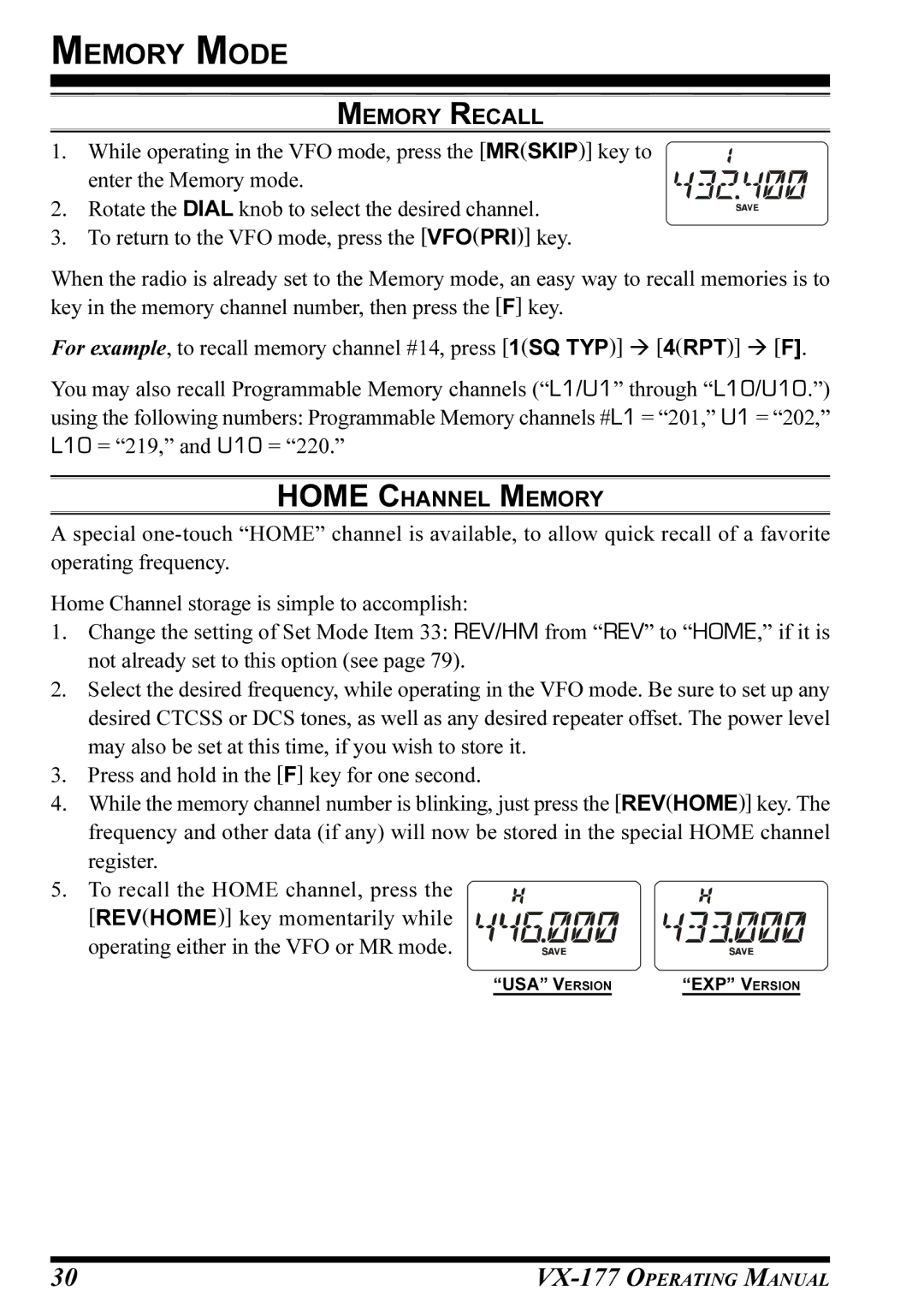 Vertex Standard VX-177 manual Memory Recall, Home Channel Memory 