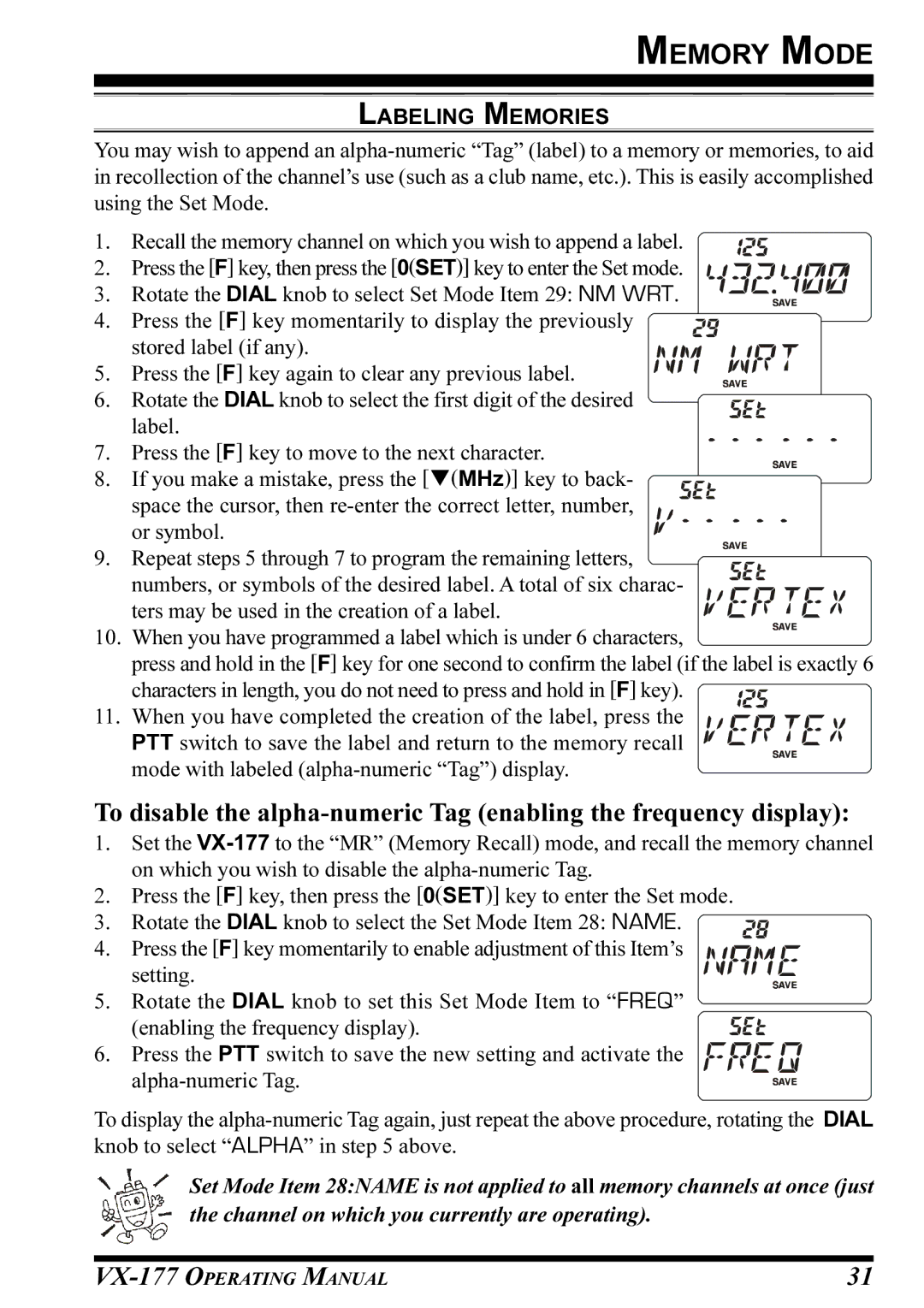 Vertex Standard VX-177 manual Labeling Memories 