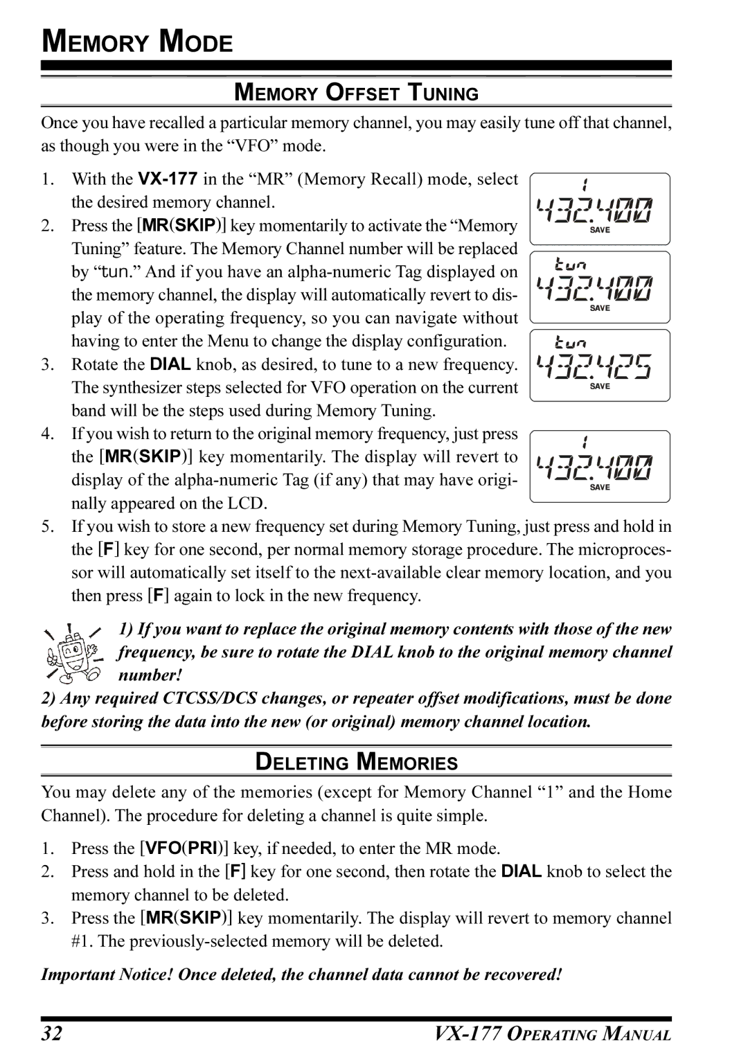 Vertex Standard VX-177 manual Memory Offset Tuning, Deleting Memories 