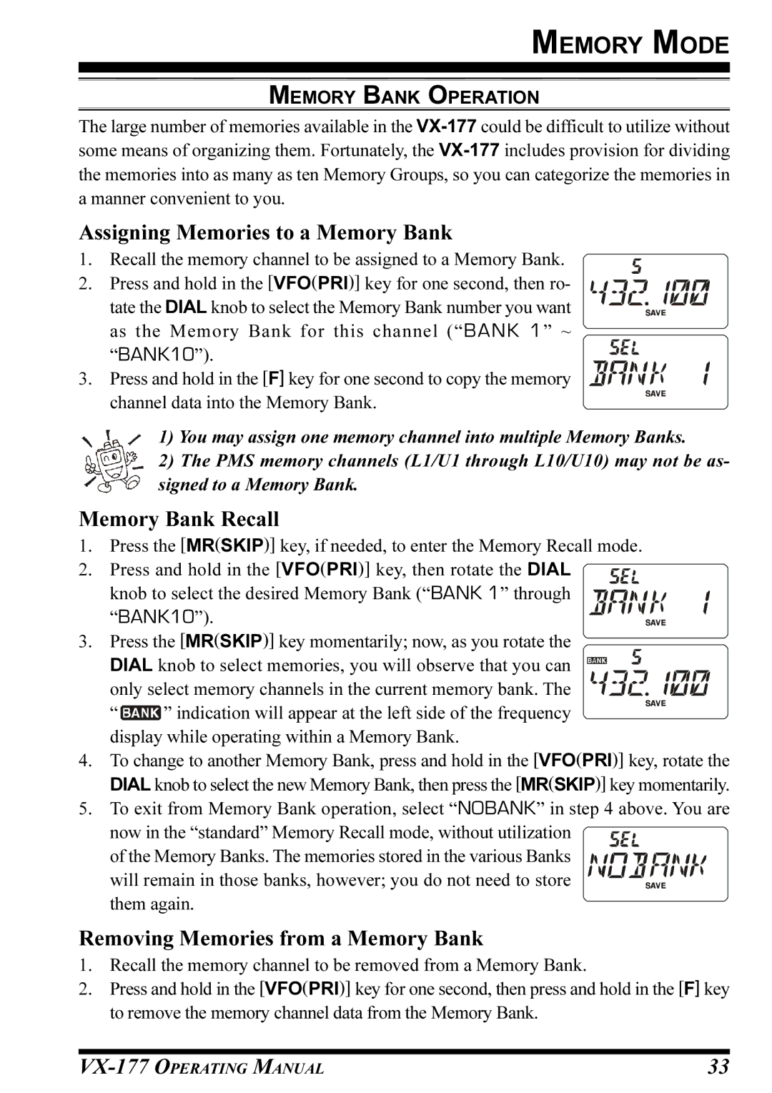 Vertex Standard VX-177 manual Assigning Memories to a Memory Bank, Memory Bank Recall, Removing Memories from a Memory Bank 