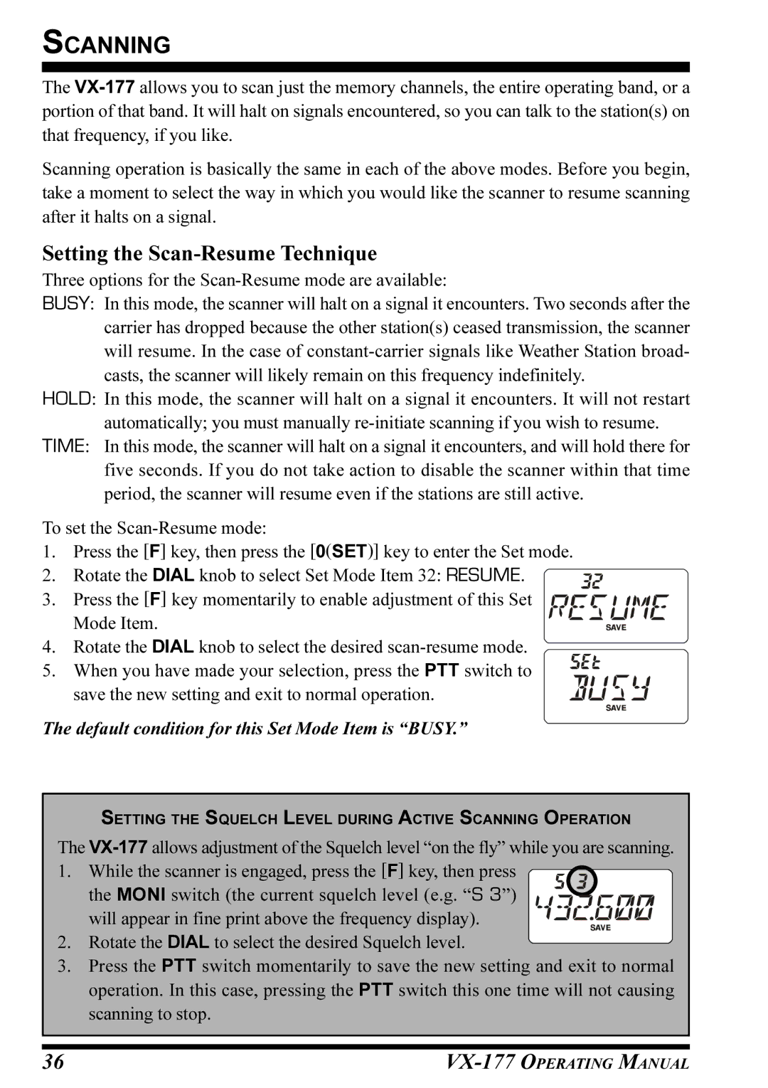 Vertex Standard VX-177 manual Scanning, Setting the Scan-Resume Technique 