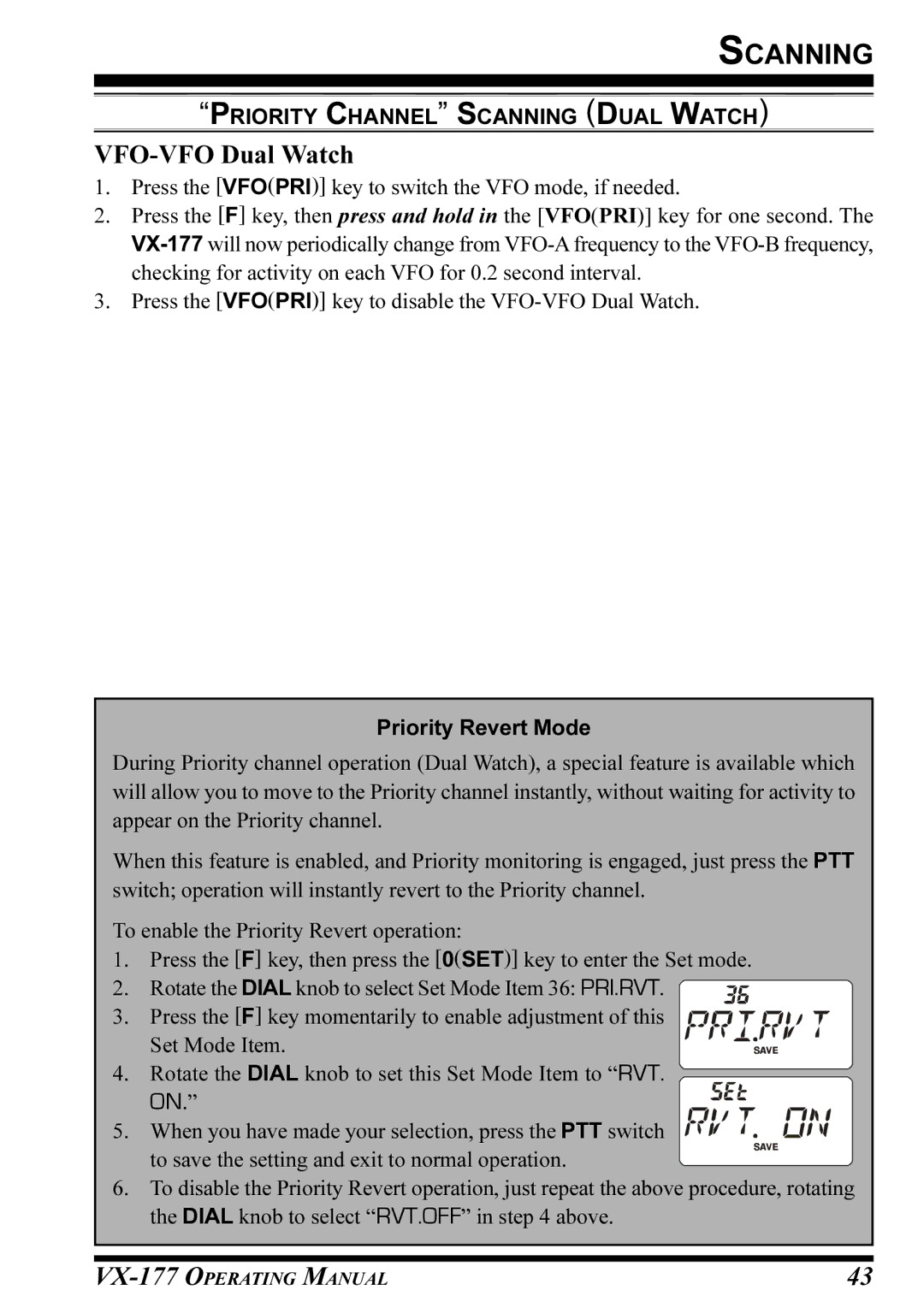 Vertex Standard VX-177 manual VFO-VFO Dual Watch, Priority Revert Mode 