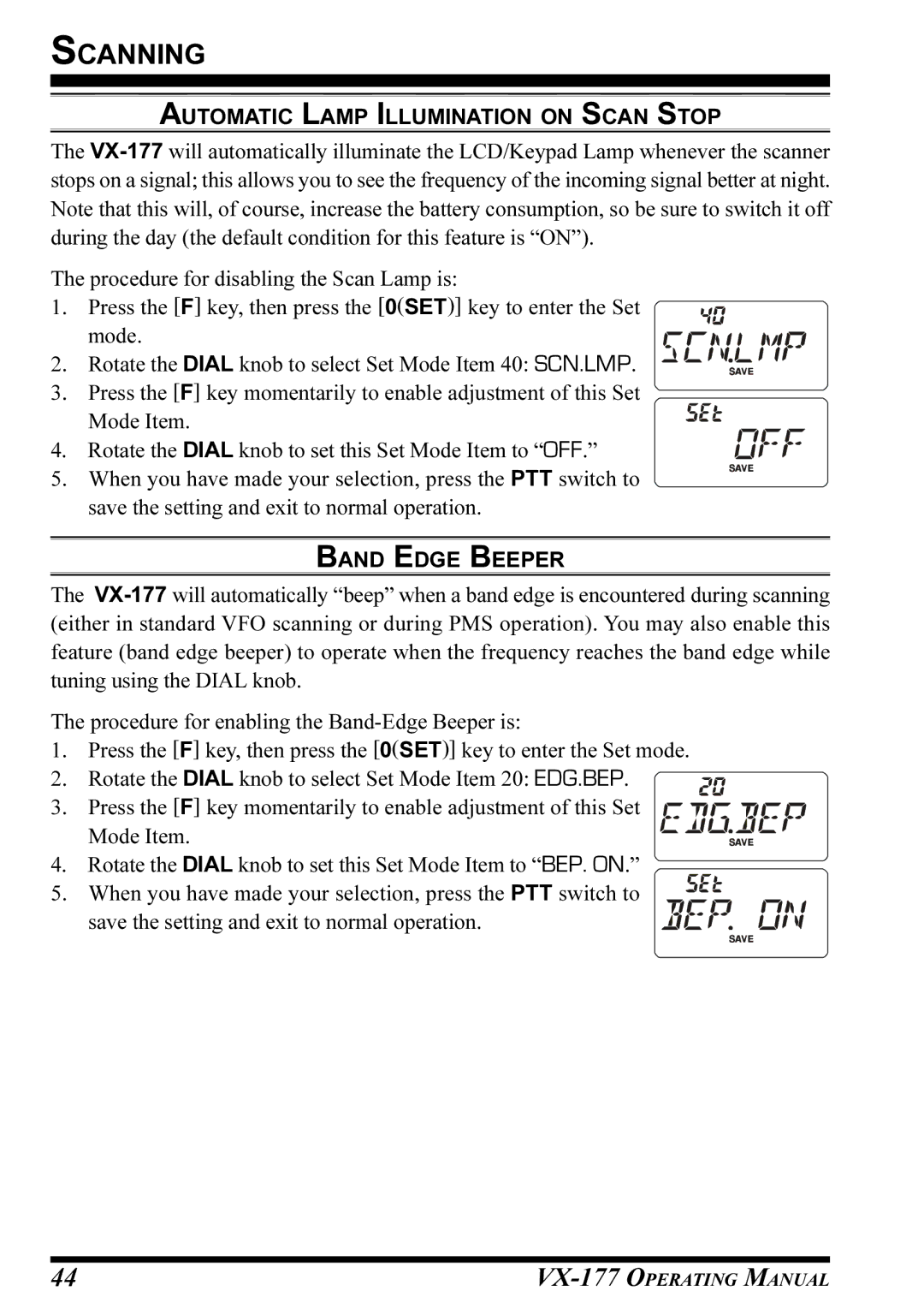 Vertex Standard VX-177 manual Automatic Lamp Illumination on Scan Stop, Band Edge Beeper 