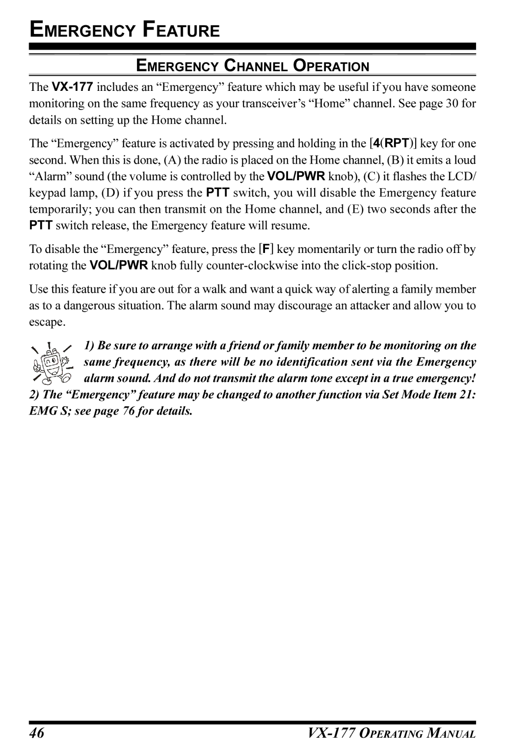 Vertex Standard VX-177 manual Emergency Feature, Emergency Channel Operation 