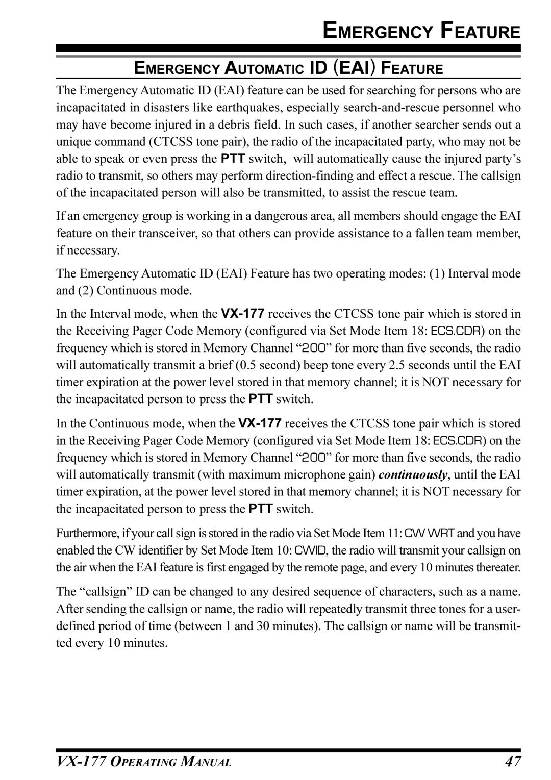 Vertex Standard VX-177 manual Emergency Automatic ID EAI Feature 