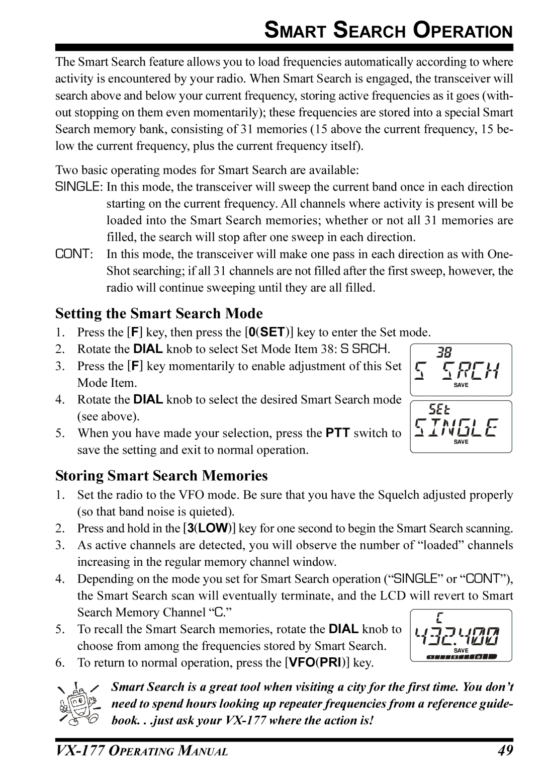 Vertex Standard VX-177 manual Smart Search Operation, Setting the Smart Search Mode, Storing Smart Search Memories 